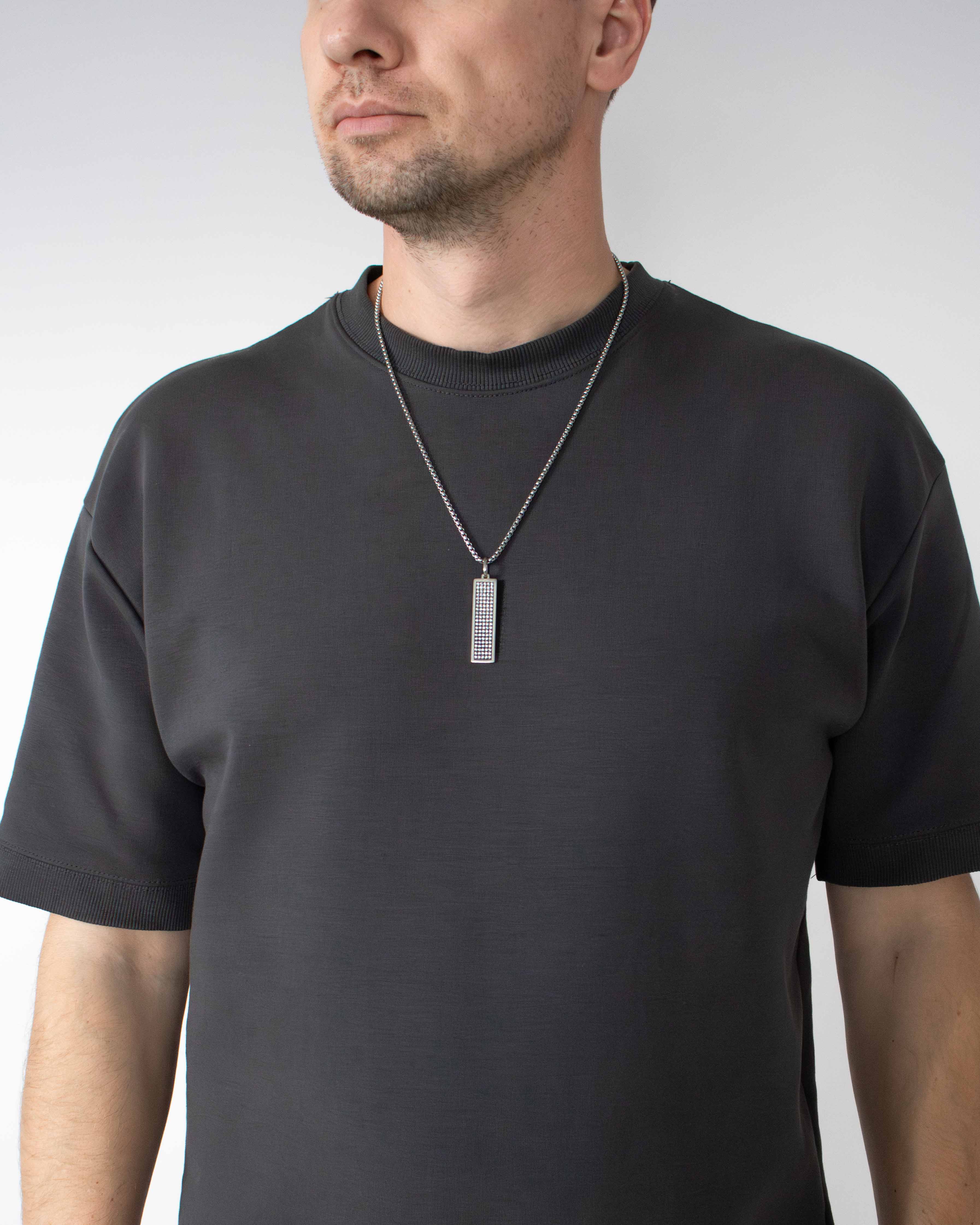 Long Silver Ingot Necklace with White CZ Gemstones