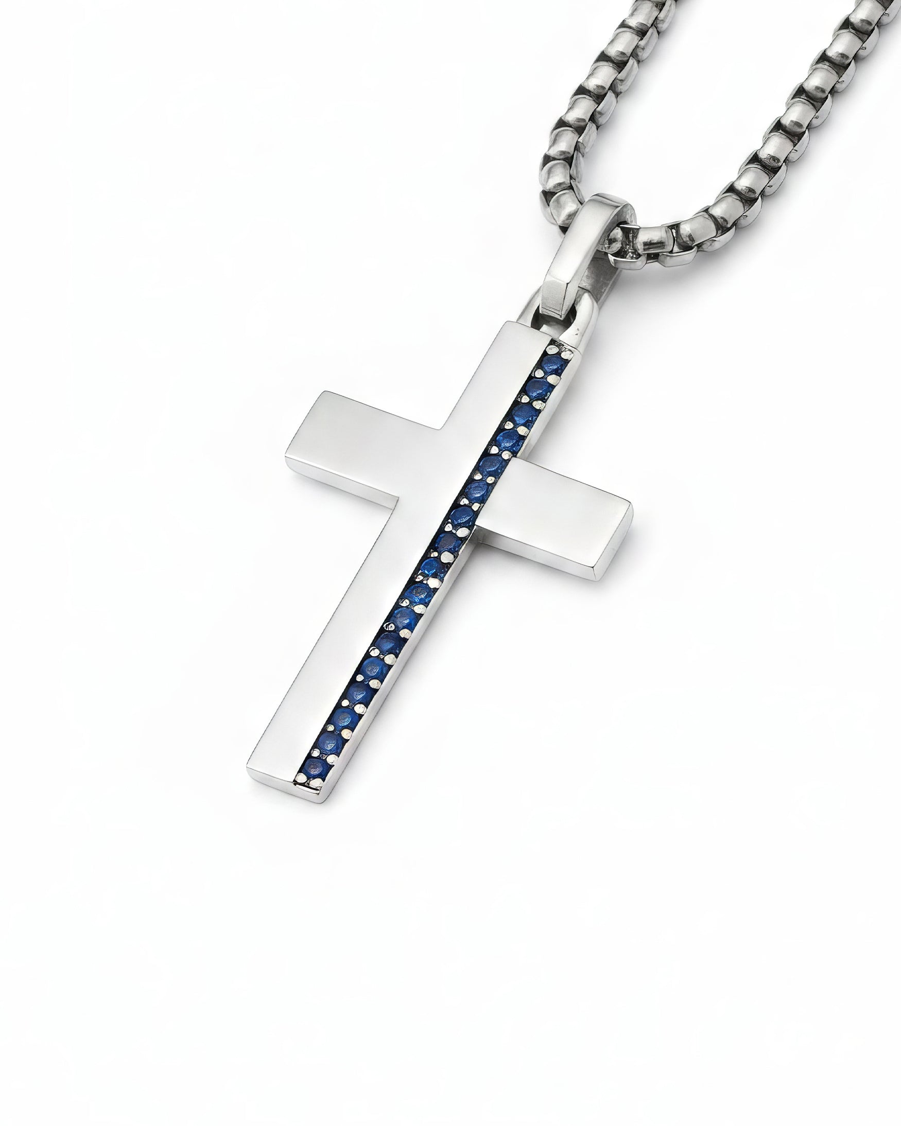 Blue Sapphire Cross Necklace Silver Minimalist Style