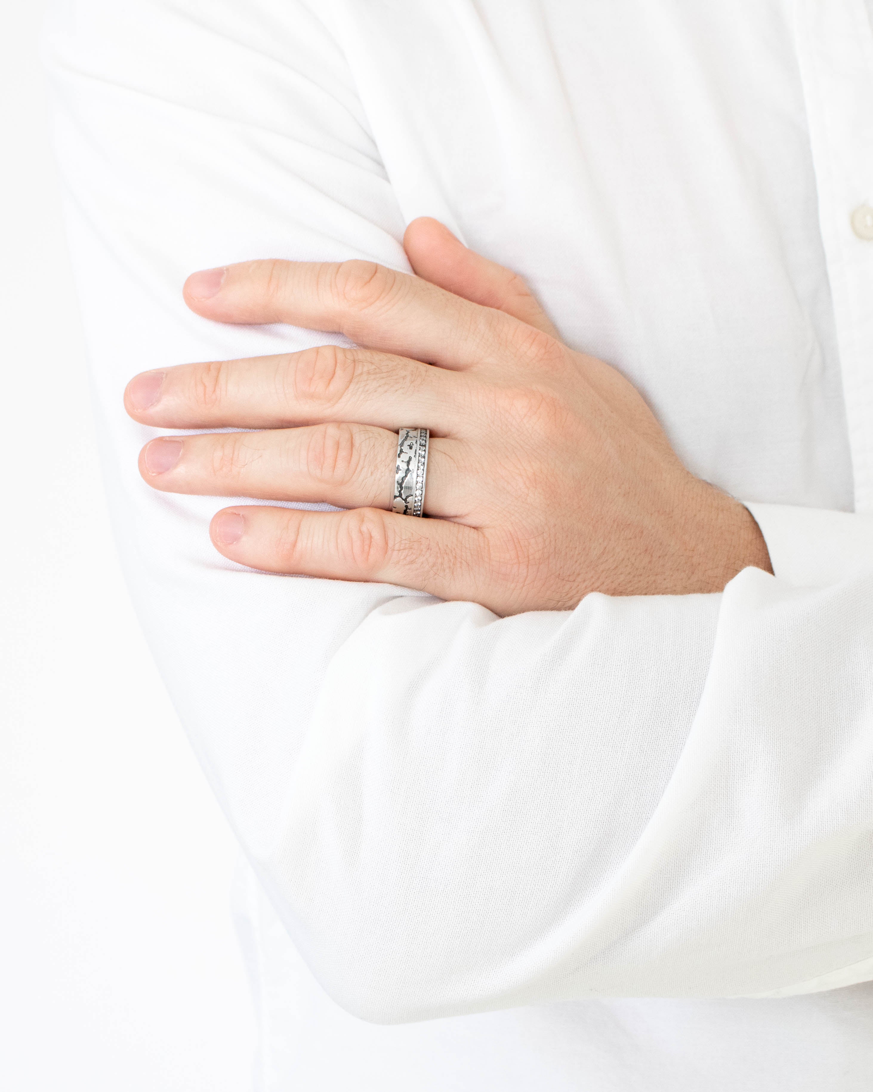 Mens Silver Band Brutal Design and White Stones