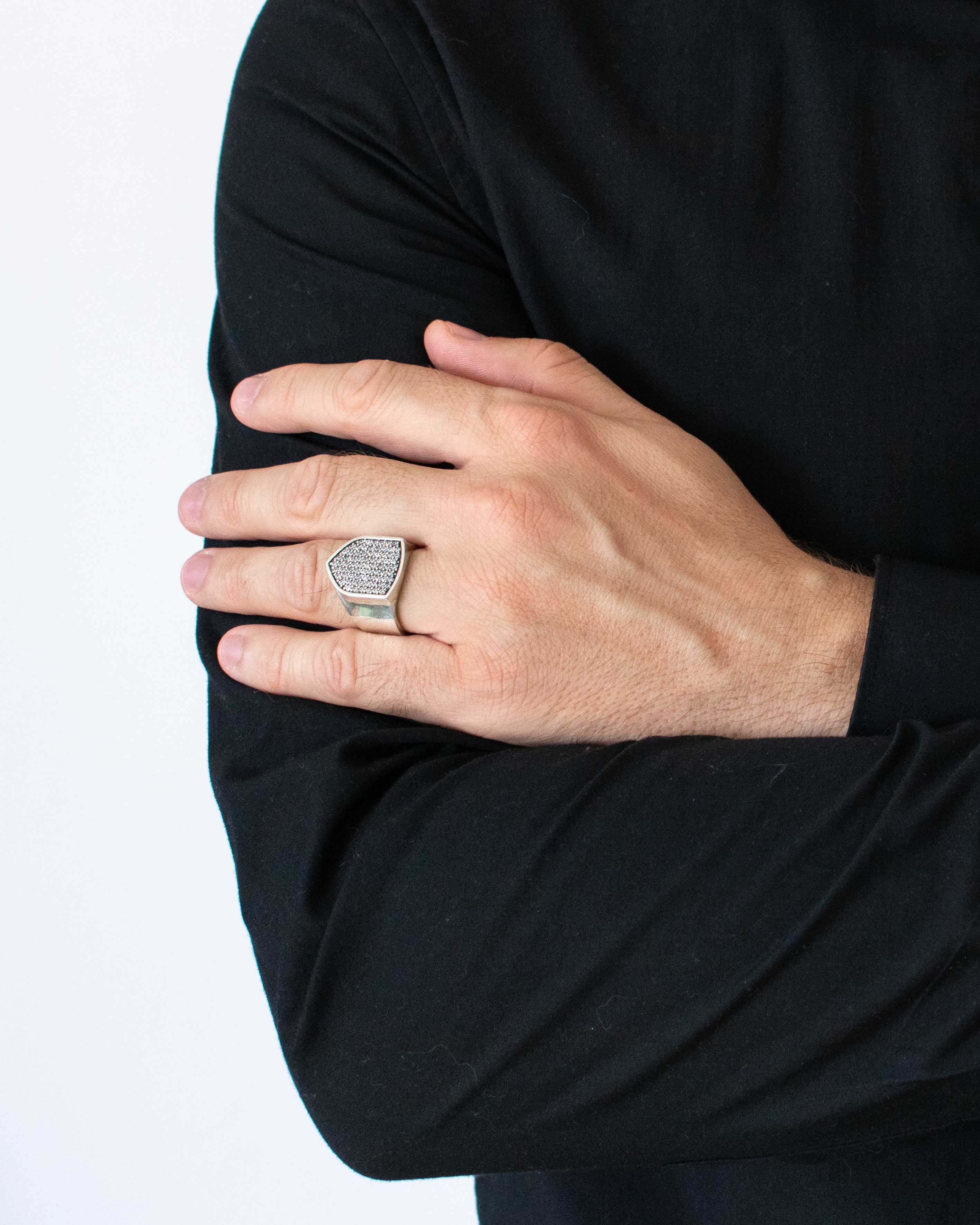 Mens Shield Engagement Ring Signet with Diamonds CZ