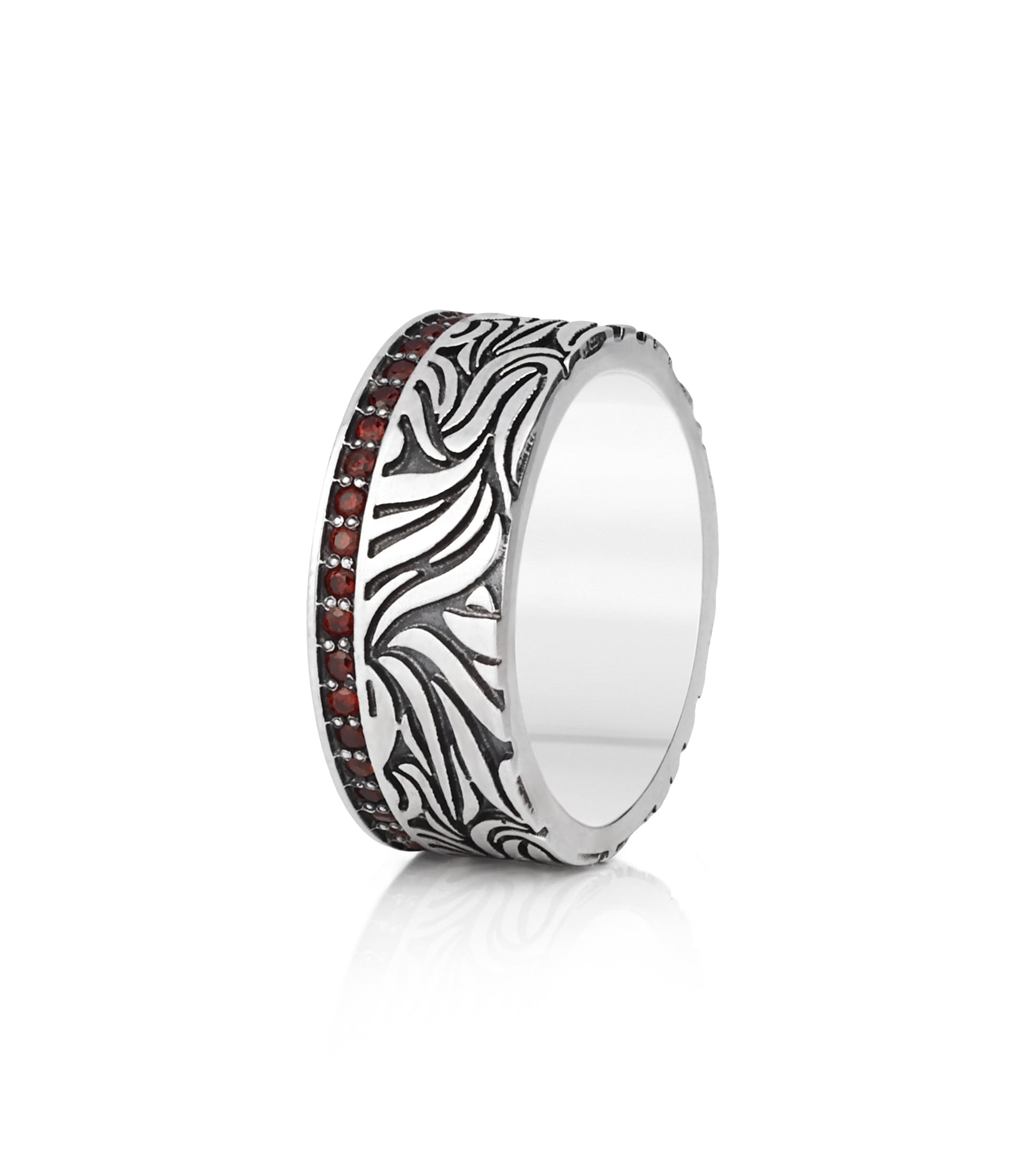 Wide Vintage Silver Vine Wedding Band with Garnets CZ