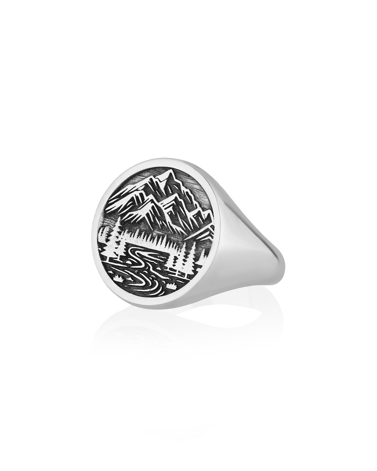 Mountain Signet Ring Round Shape Silver Signet 925