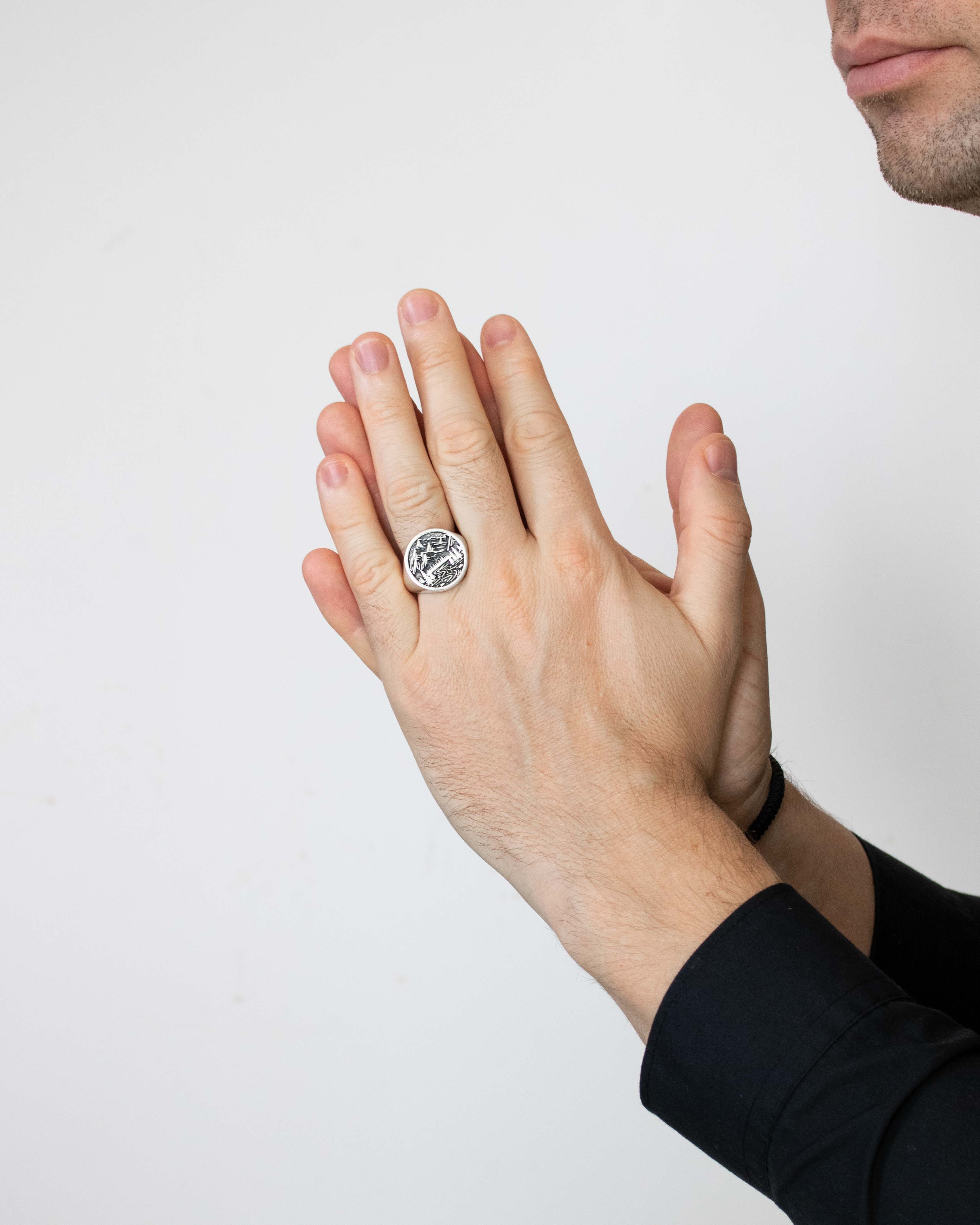 Mountain Signet Ring Round Shape Silver Signet 925