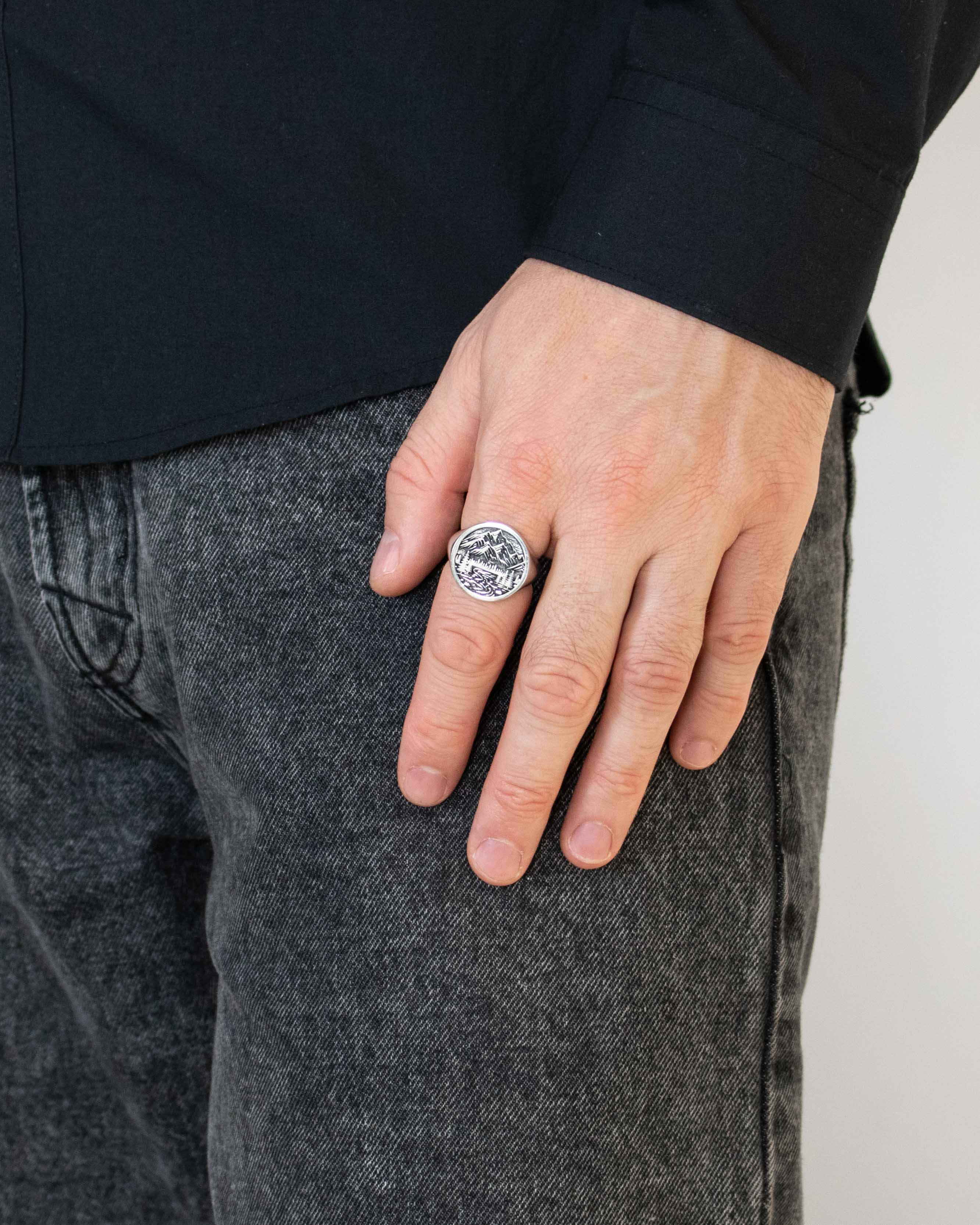 Mountain Signet Ring Round Shape Silver Signet 925