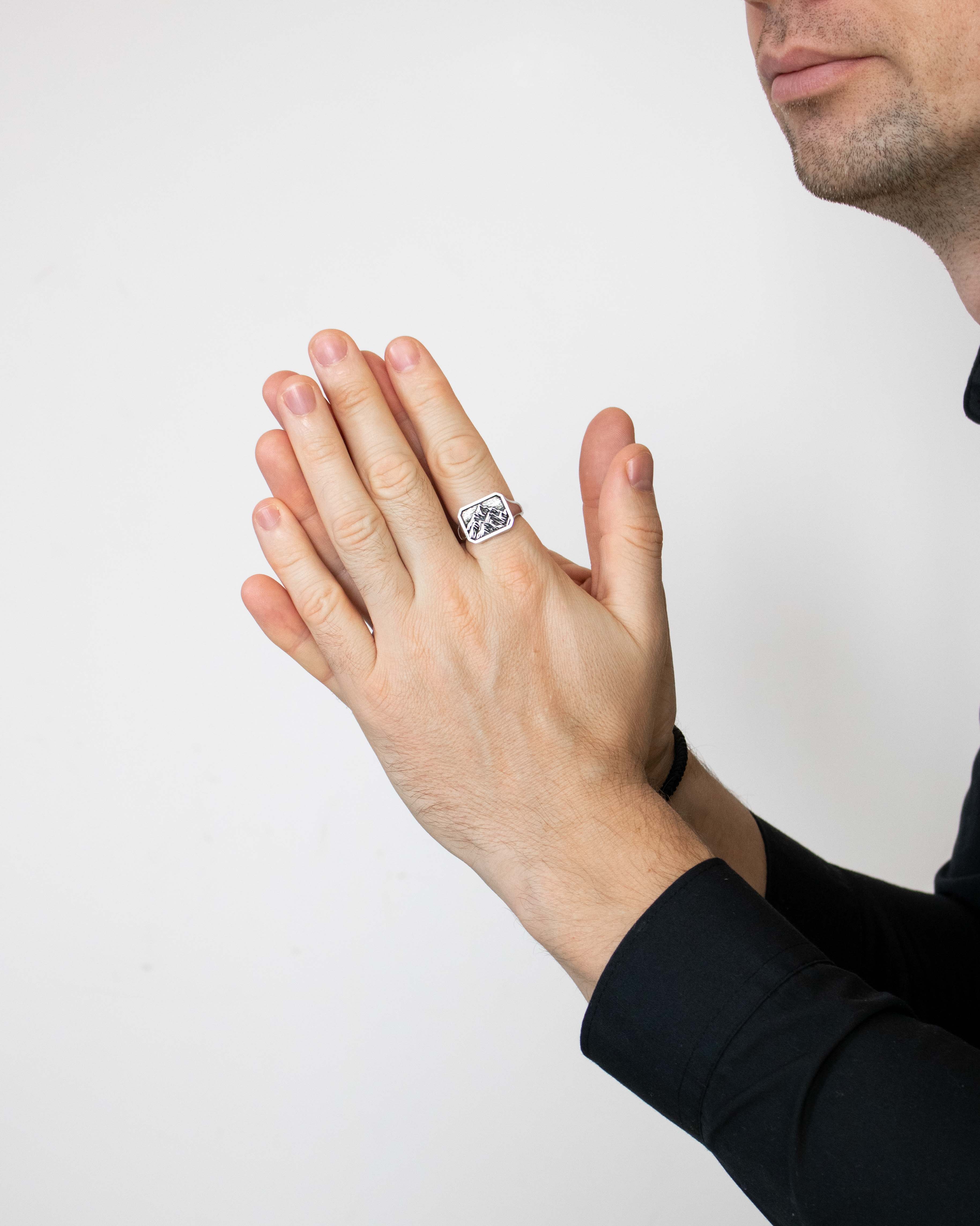 Mountain Range Signet Ring Octagon Shape Silver