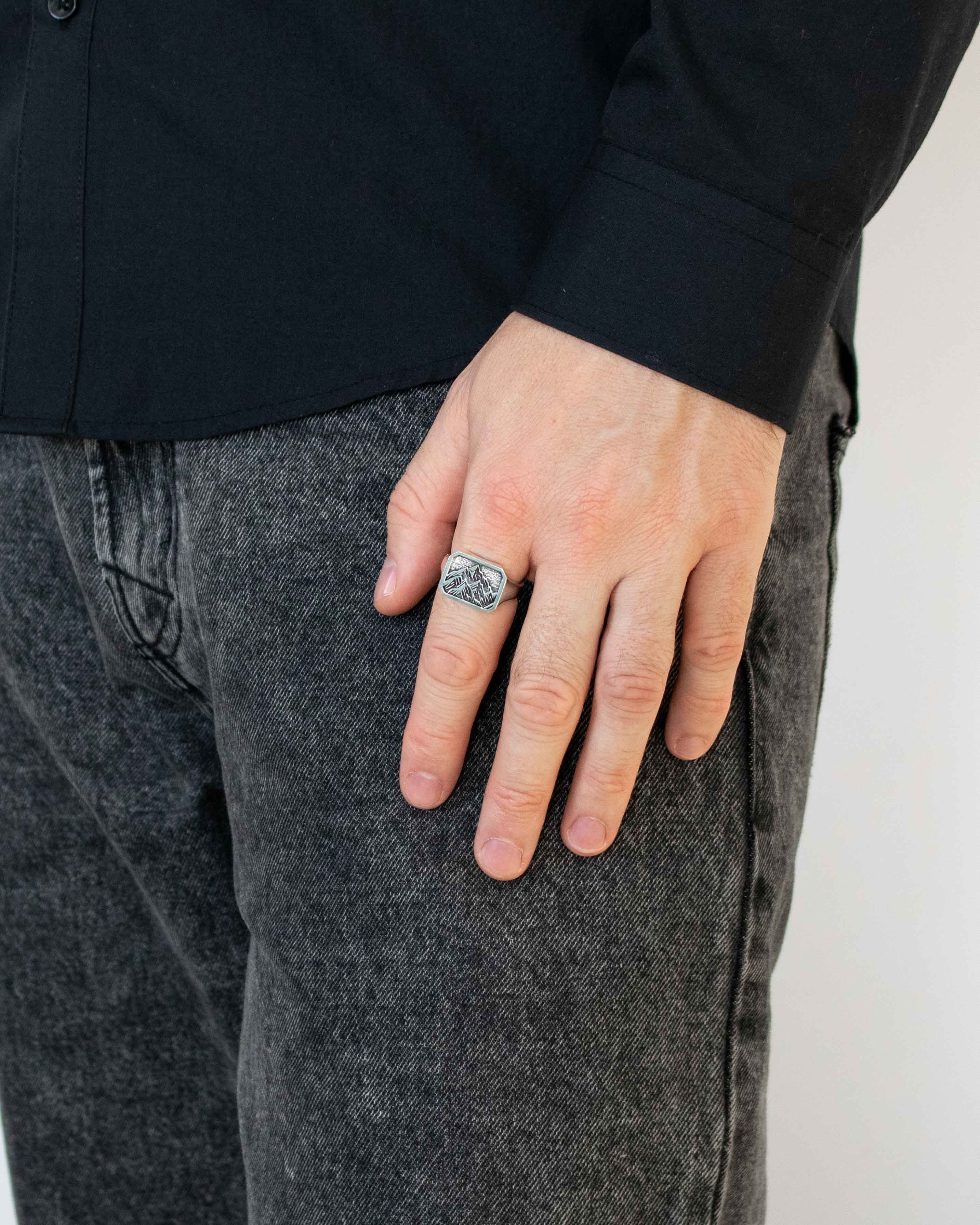 Mountain Range Signet Ring Octagon Shape Silver