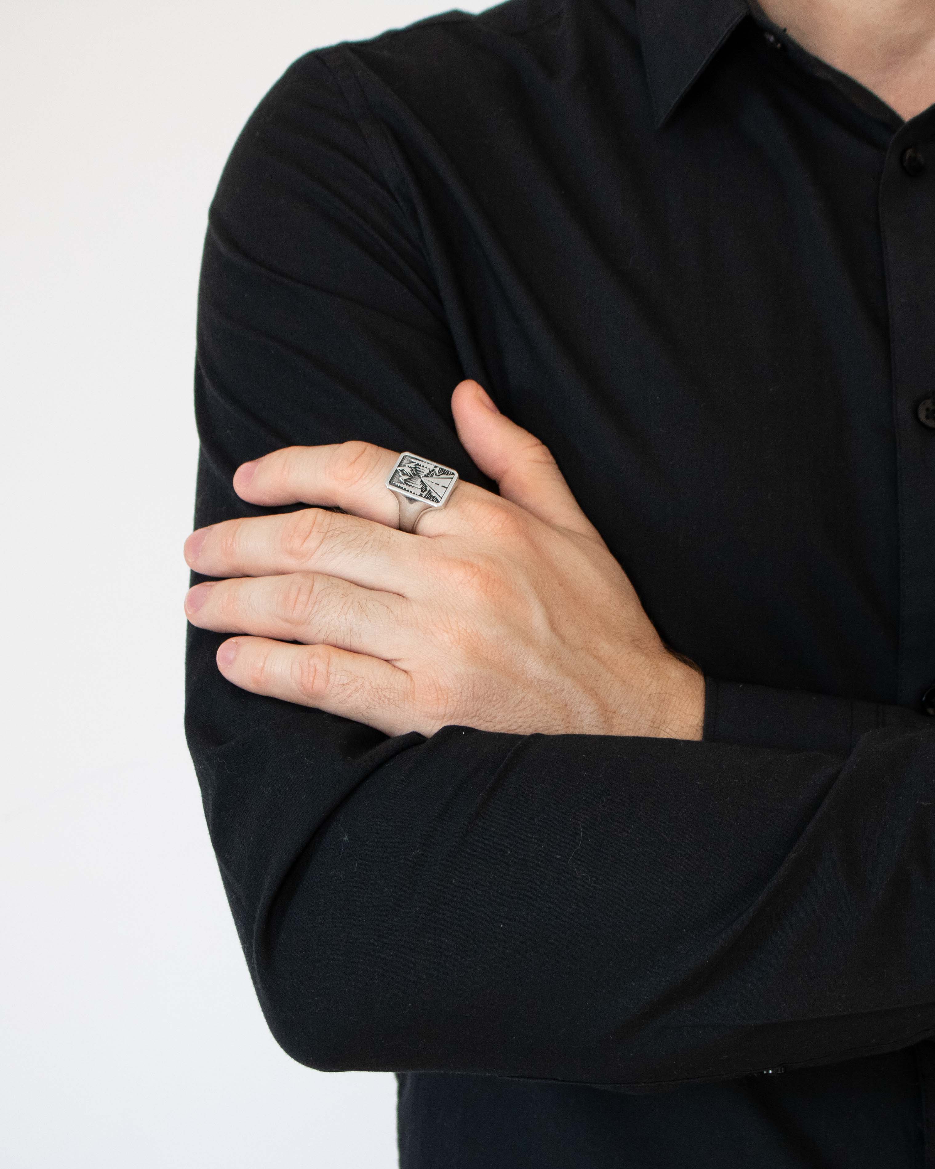 Silver Signet Ring Mountain Road & Forest Northern Style