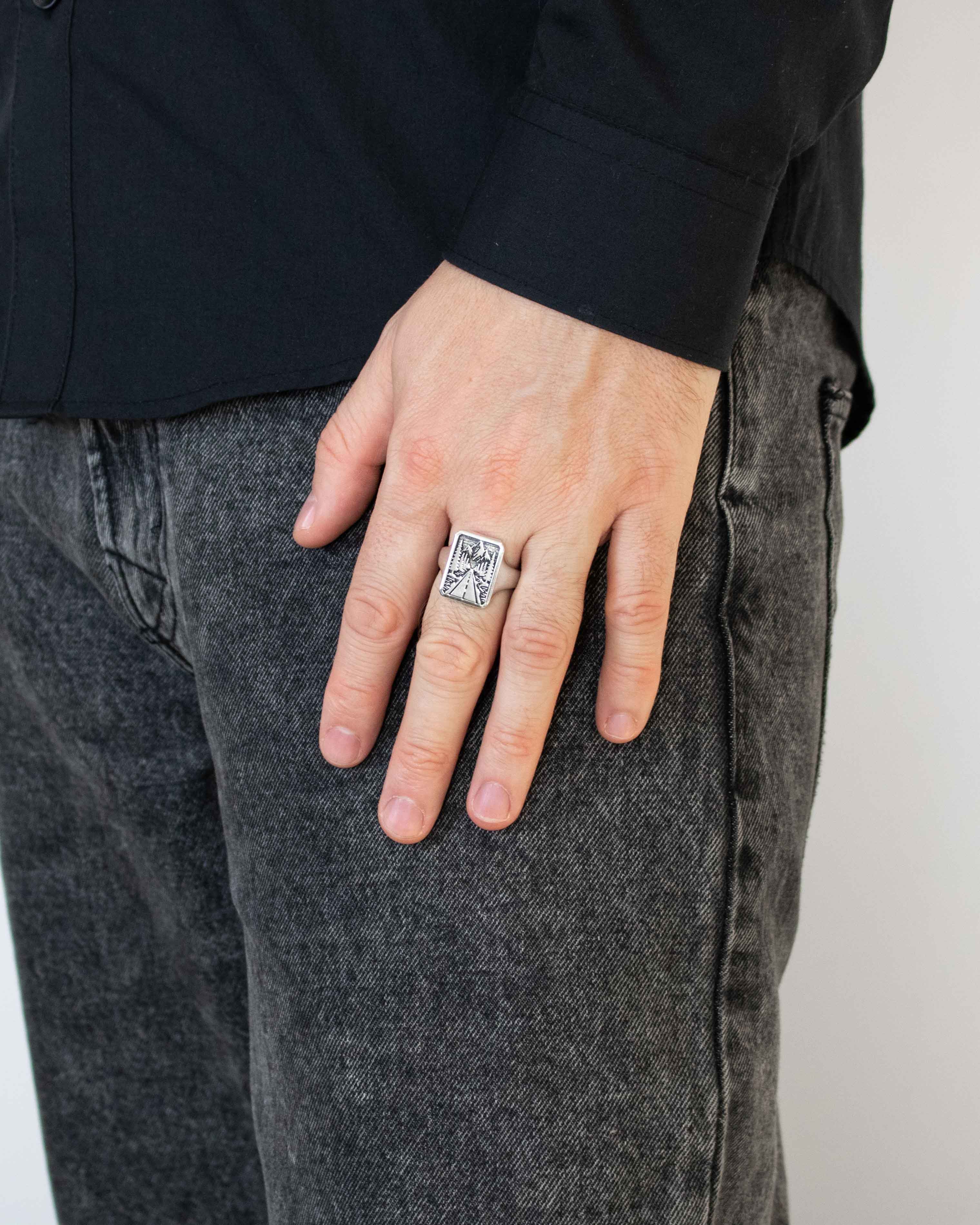 Silver Signet Ring Mountain Road & Forest Northern Style