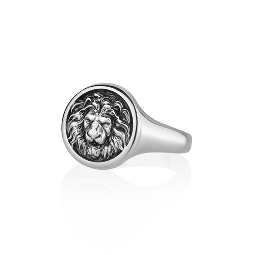Men's Lion Ring Unique Round Signet Sterling Silver