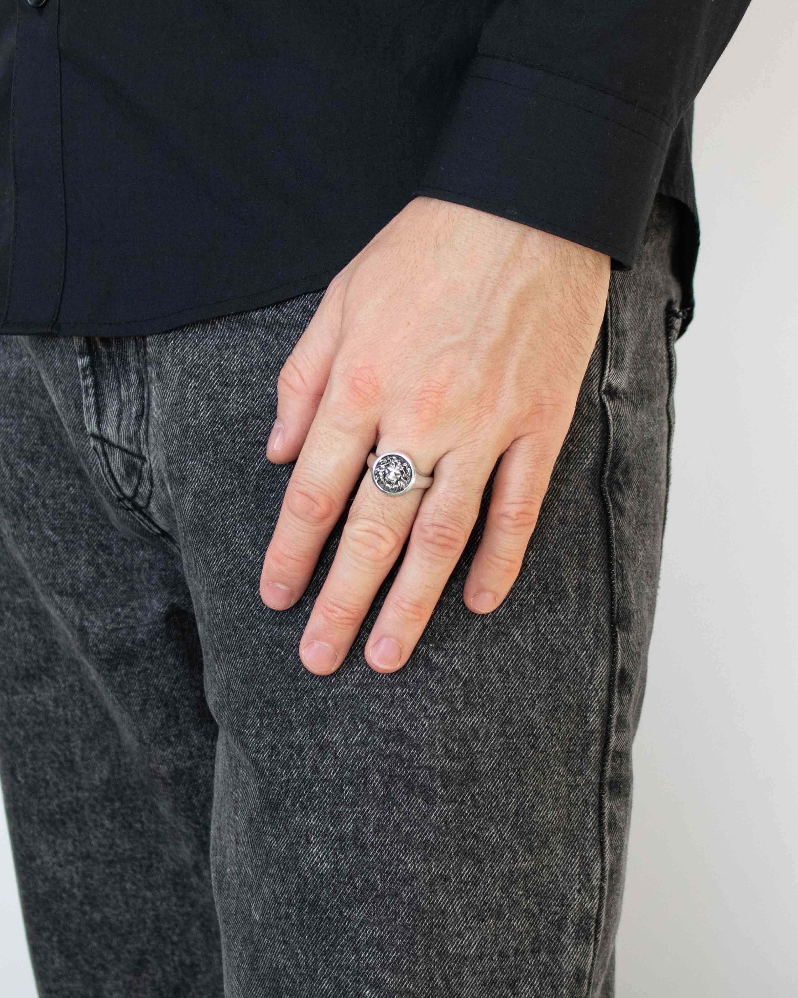 Men's Lion Ring Unique Round Signet Sterling Silver