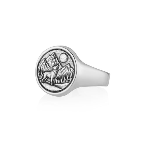 Howling Wolf and Moon Ring Men's Round Signet Silver