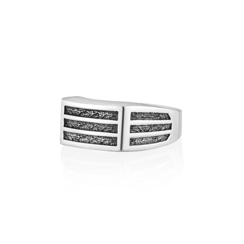 Brutal Structured Signet Ring Silver with Hammered Inset