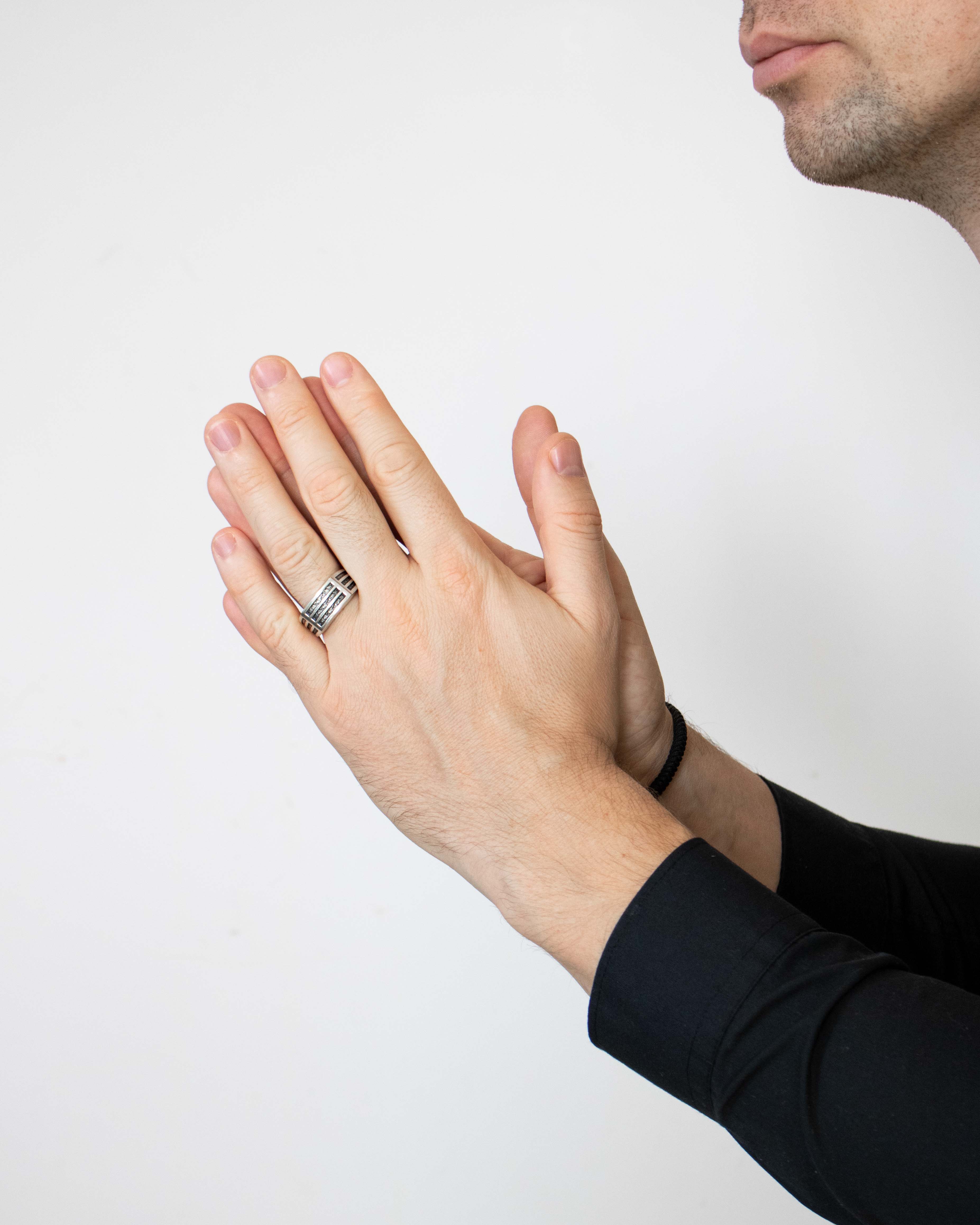 Brutal Structured Signet Ring Silver with Hammered Inset