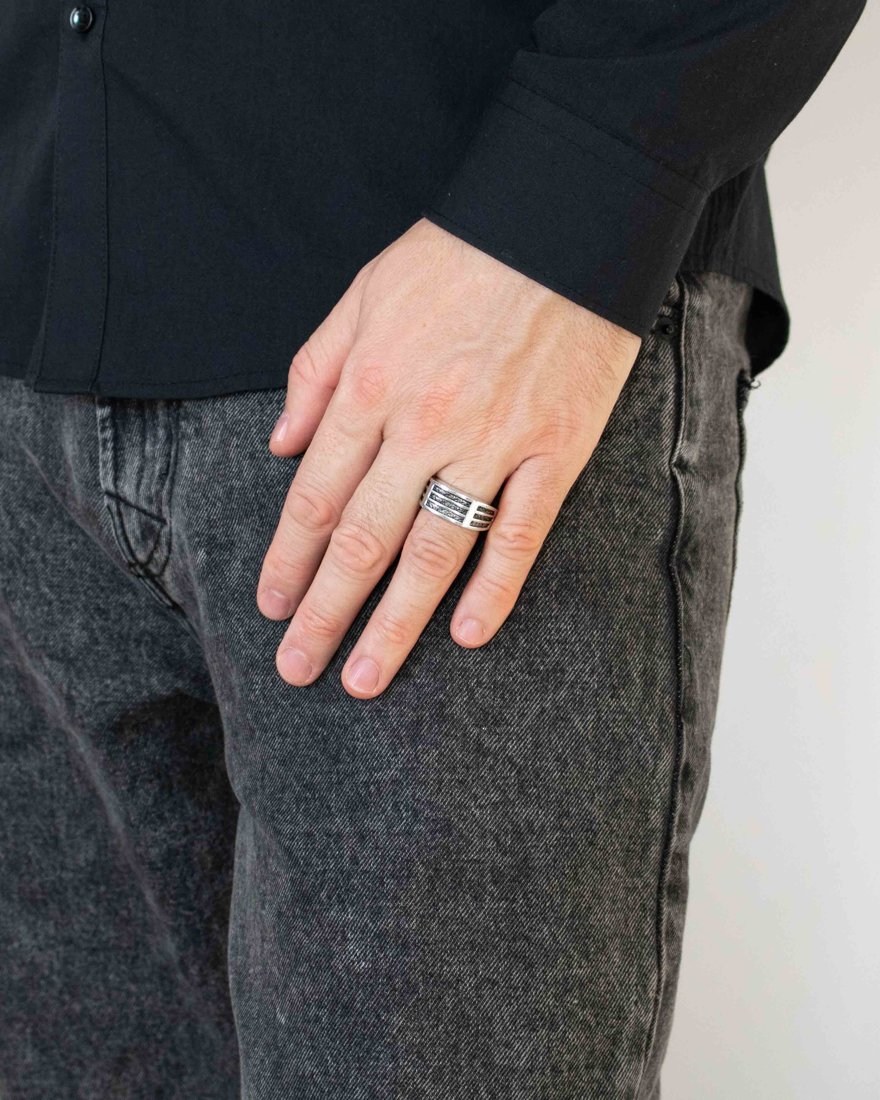 Brutal Structured Signet Ring Silver with Hammered Inset