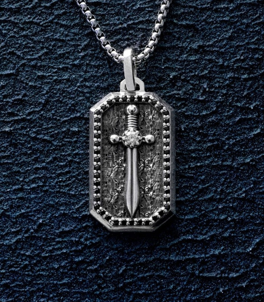 Mens Sword Necklace Silver Anniversary Gift of Faith