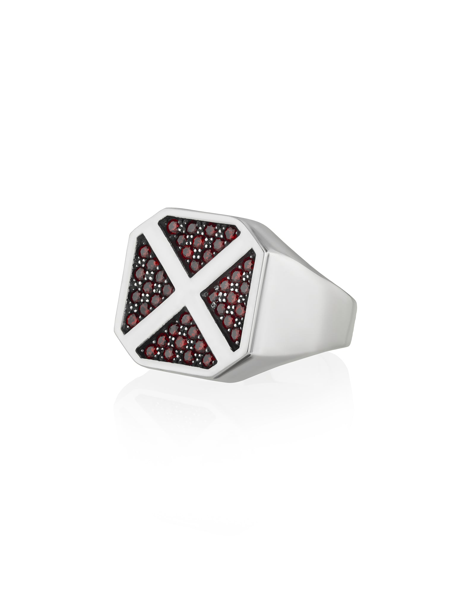 Men's X Cross Ring Signet with Garnets Sterling Silver