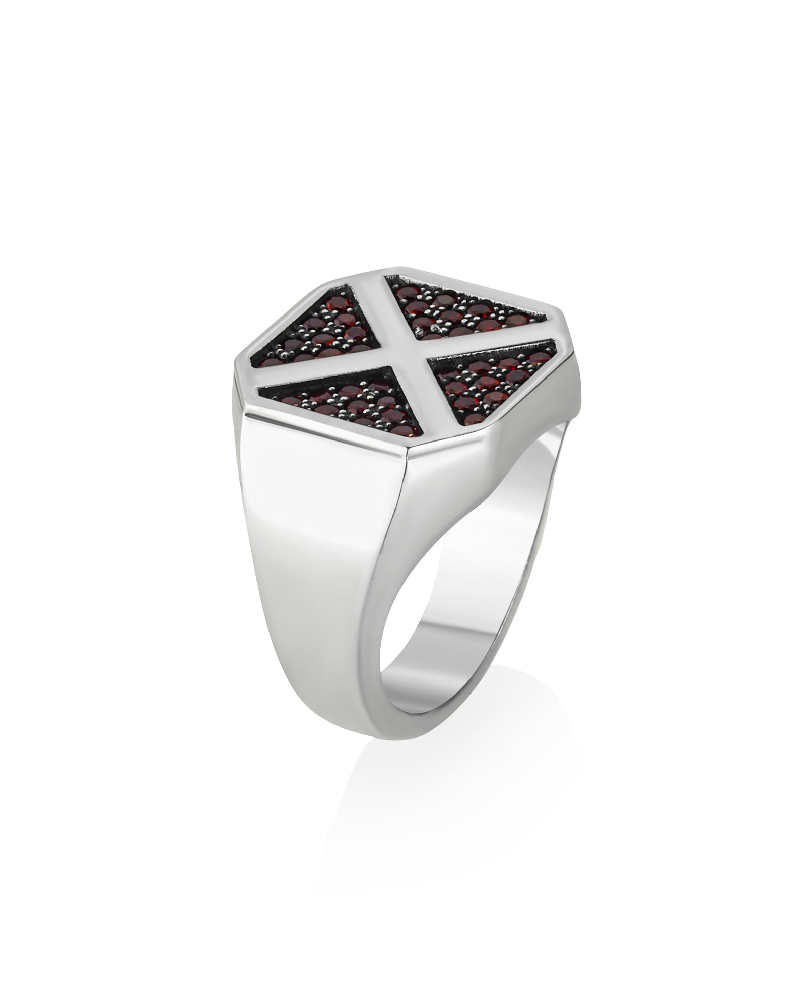 Men's X Cross Ring Signet with Garnets Sterling Silver