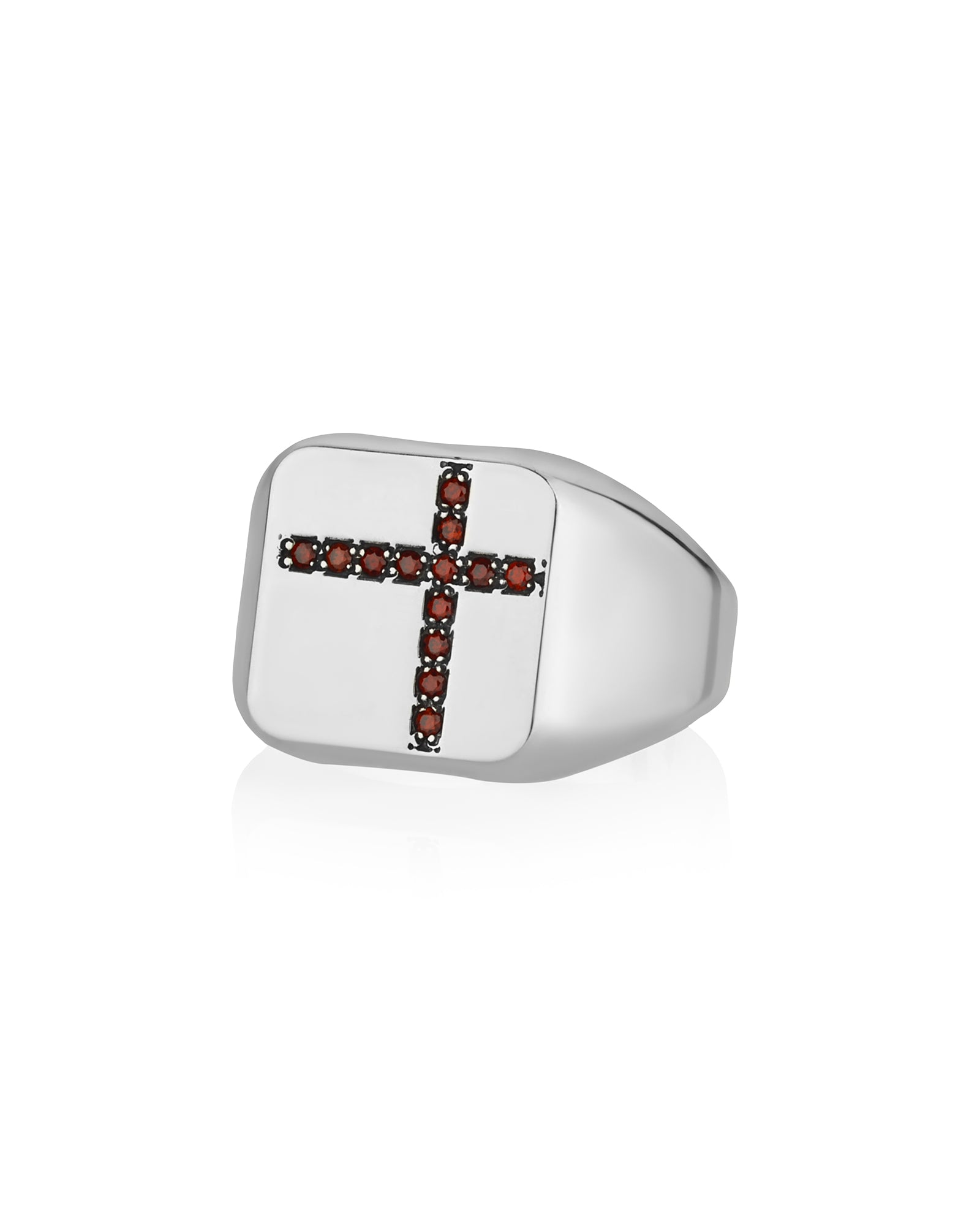 Red Cross Ring Minimalist Silver Signet with Garnets CZ