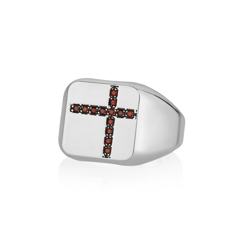 Red Cross Ring Minimalist Silver Signet with Garnets CZ