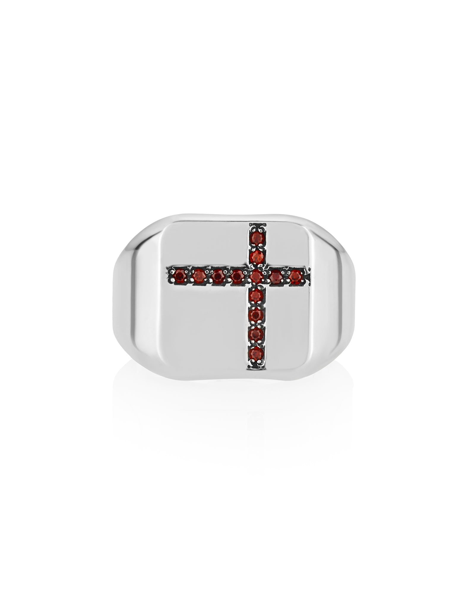 Red Cross Ring Minimalist Silver Signet with Garnets CZ