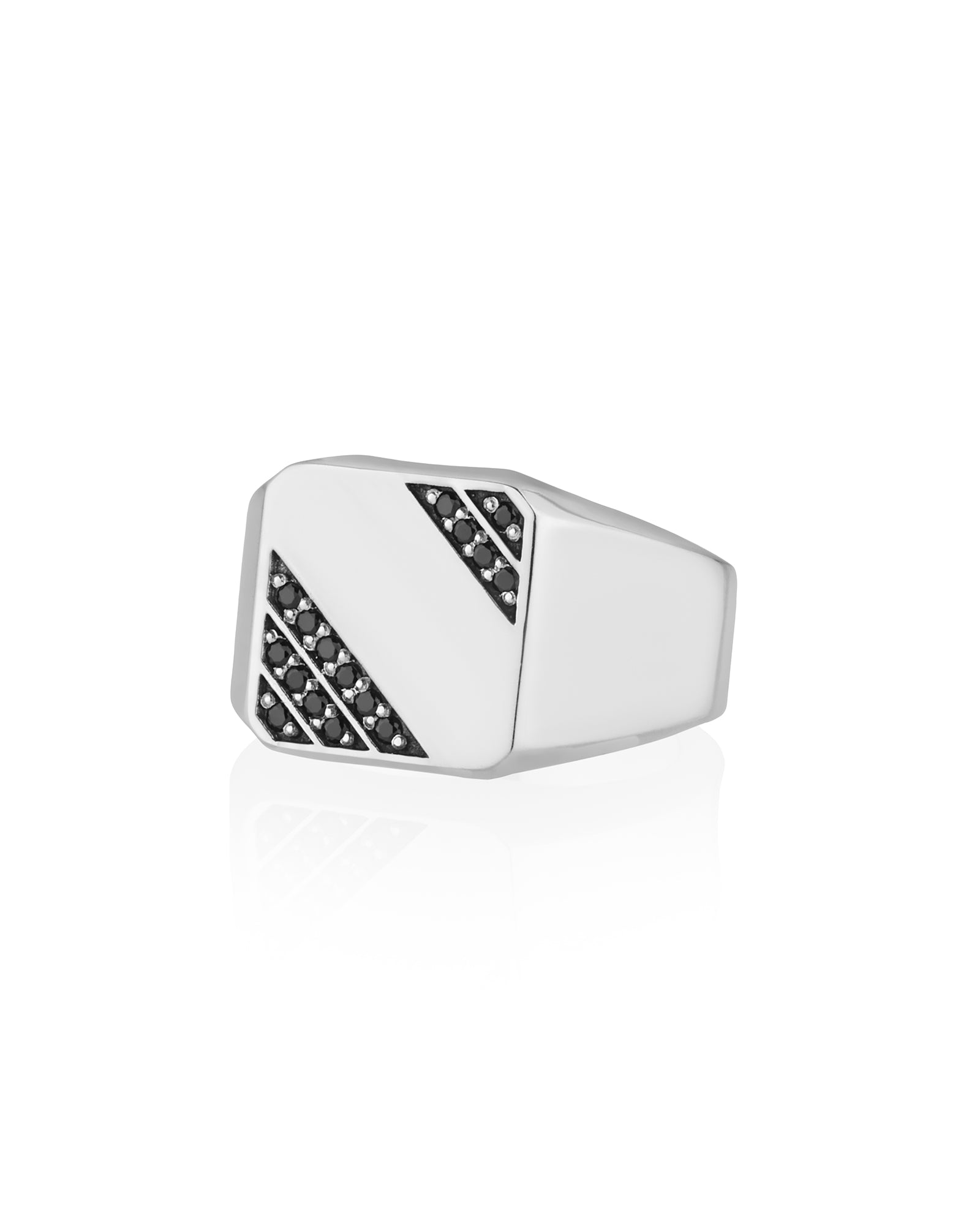 Soft square minimalist silver signet ring with designer setting of black stones.