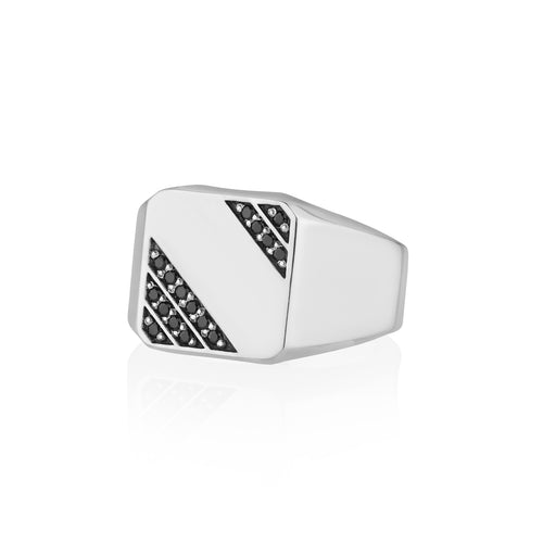 Soft Square Signet Ring Pattern of Black Diamonds Silver