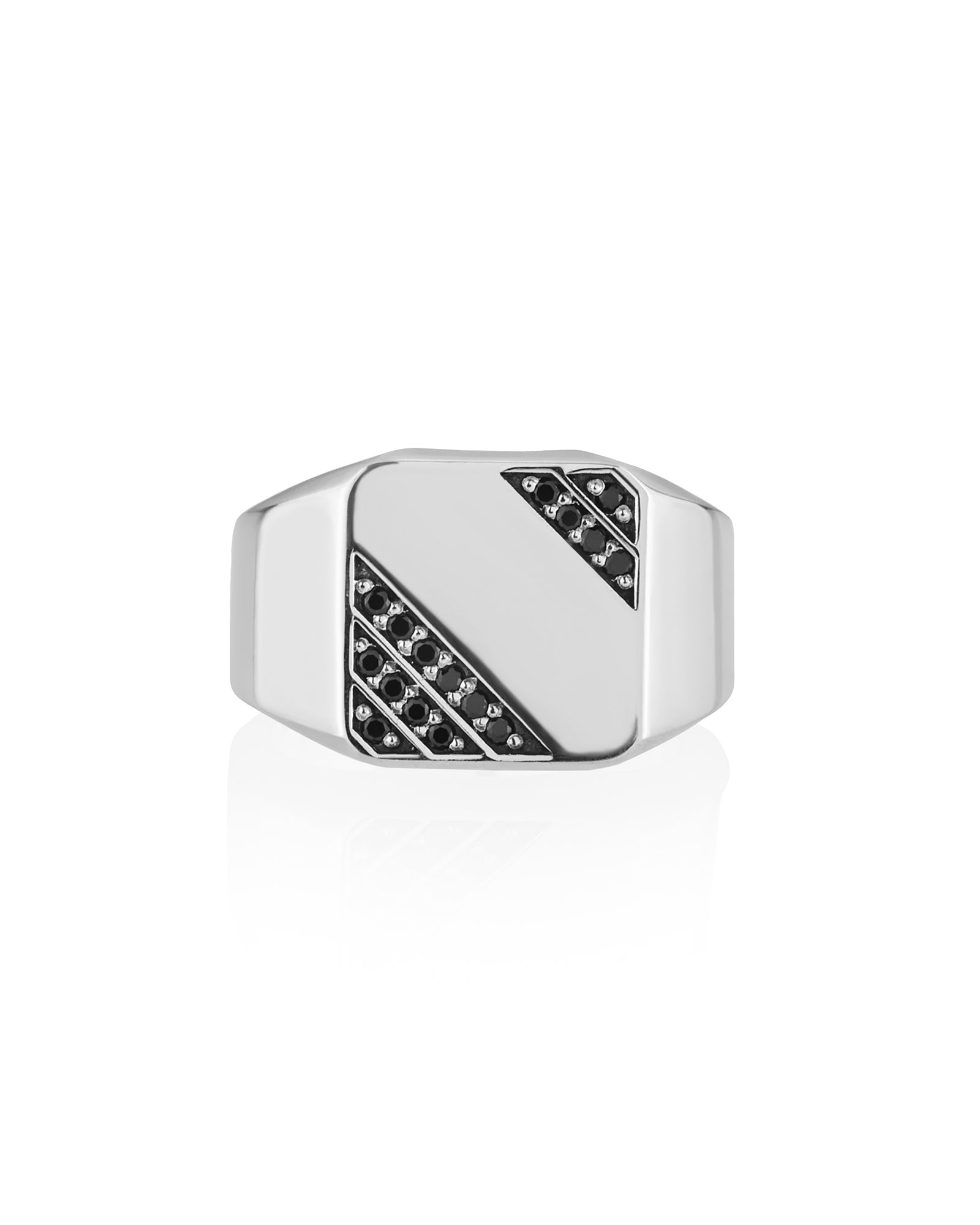 Soft Square Signet Ring Pattern of Black Diamonds Silver