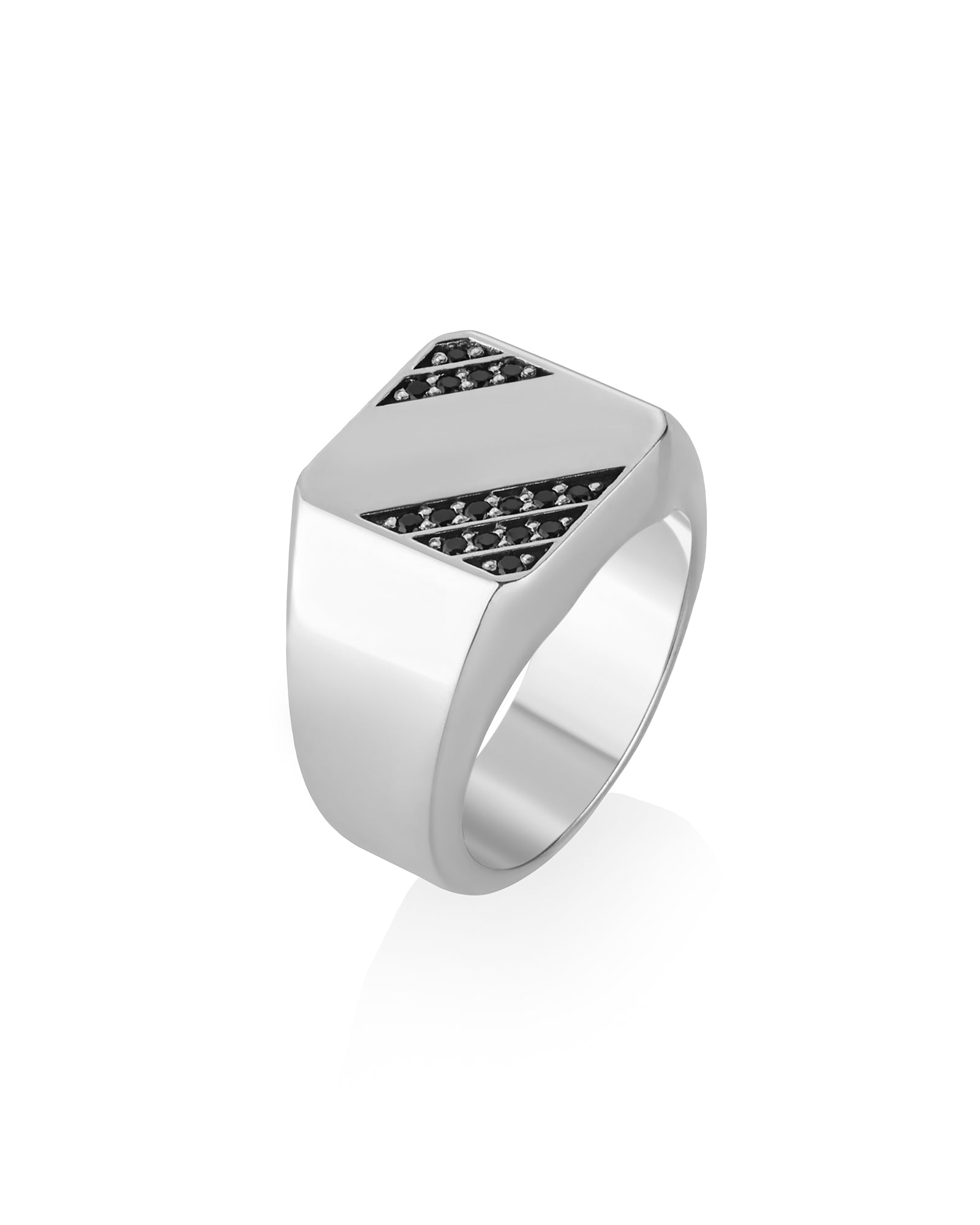 Soft Square Signet Ring Pattern of Black Diamonds Silver