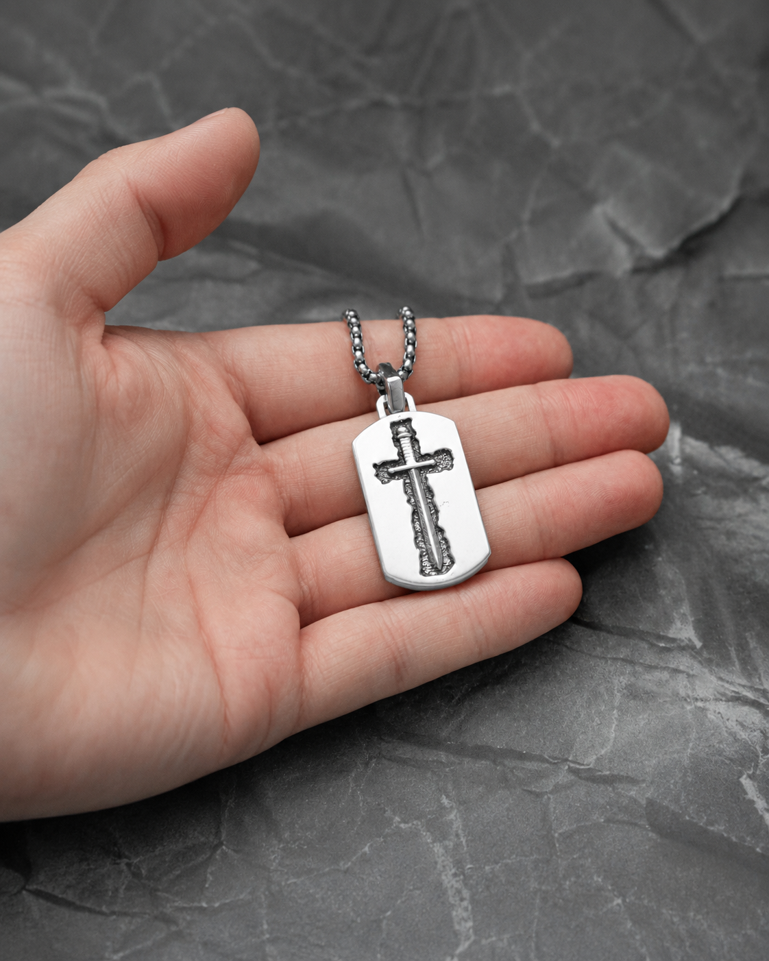 Crucifix and Sword Tag Necklace Silver Blade of Honor