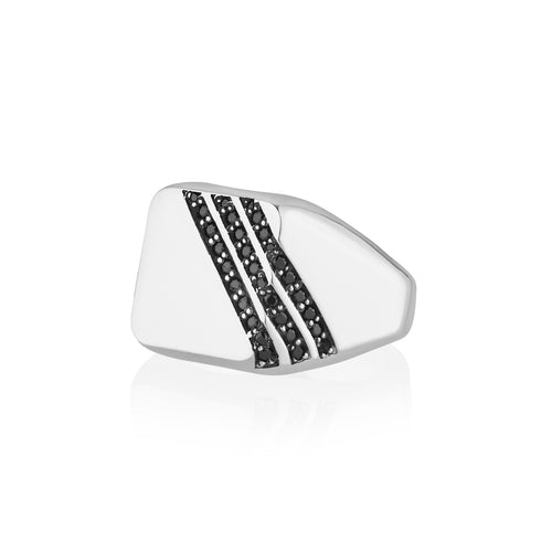 Cushion Signet Ring Diagonal Black Diamond CZ Channels