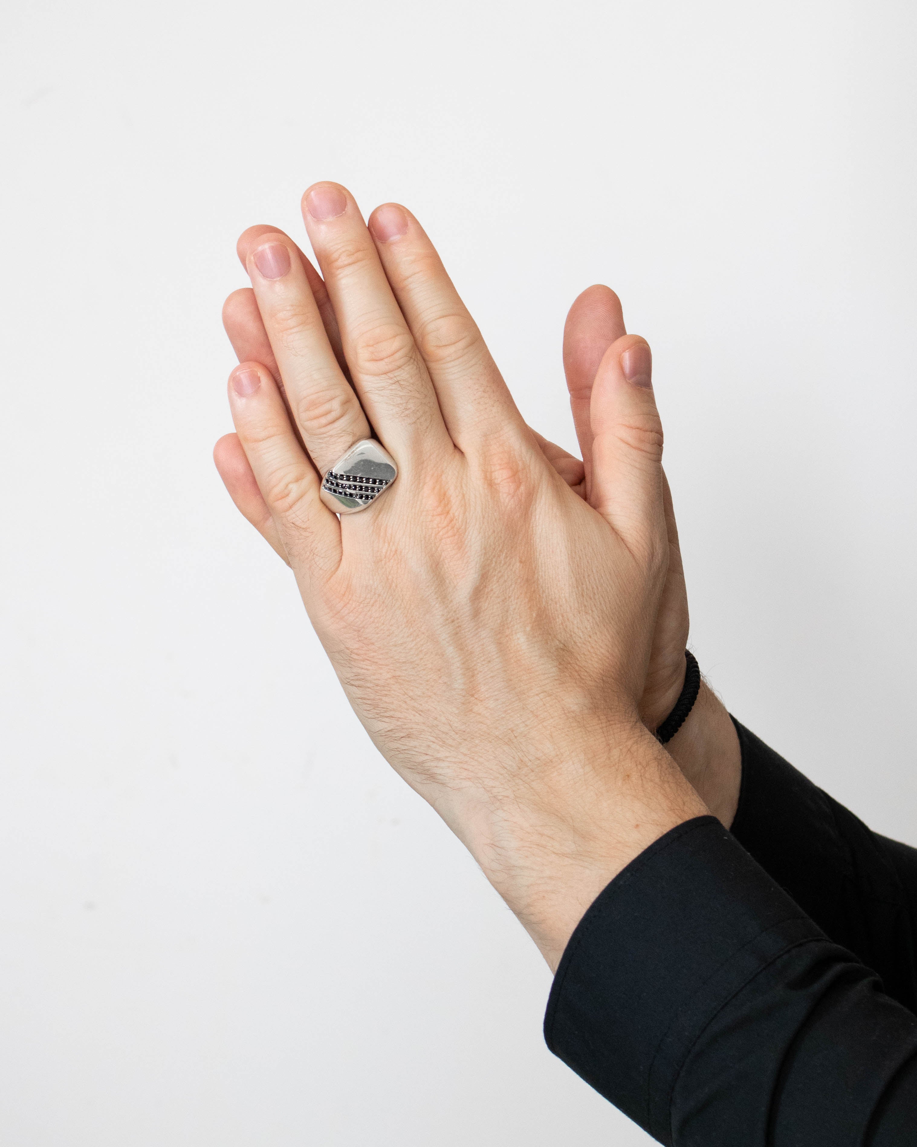 Cushion Signet Ring Diagonal Black Diamond CZ Channels