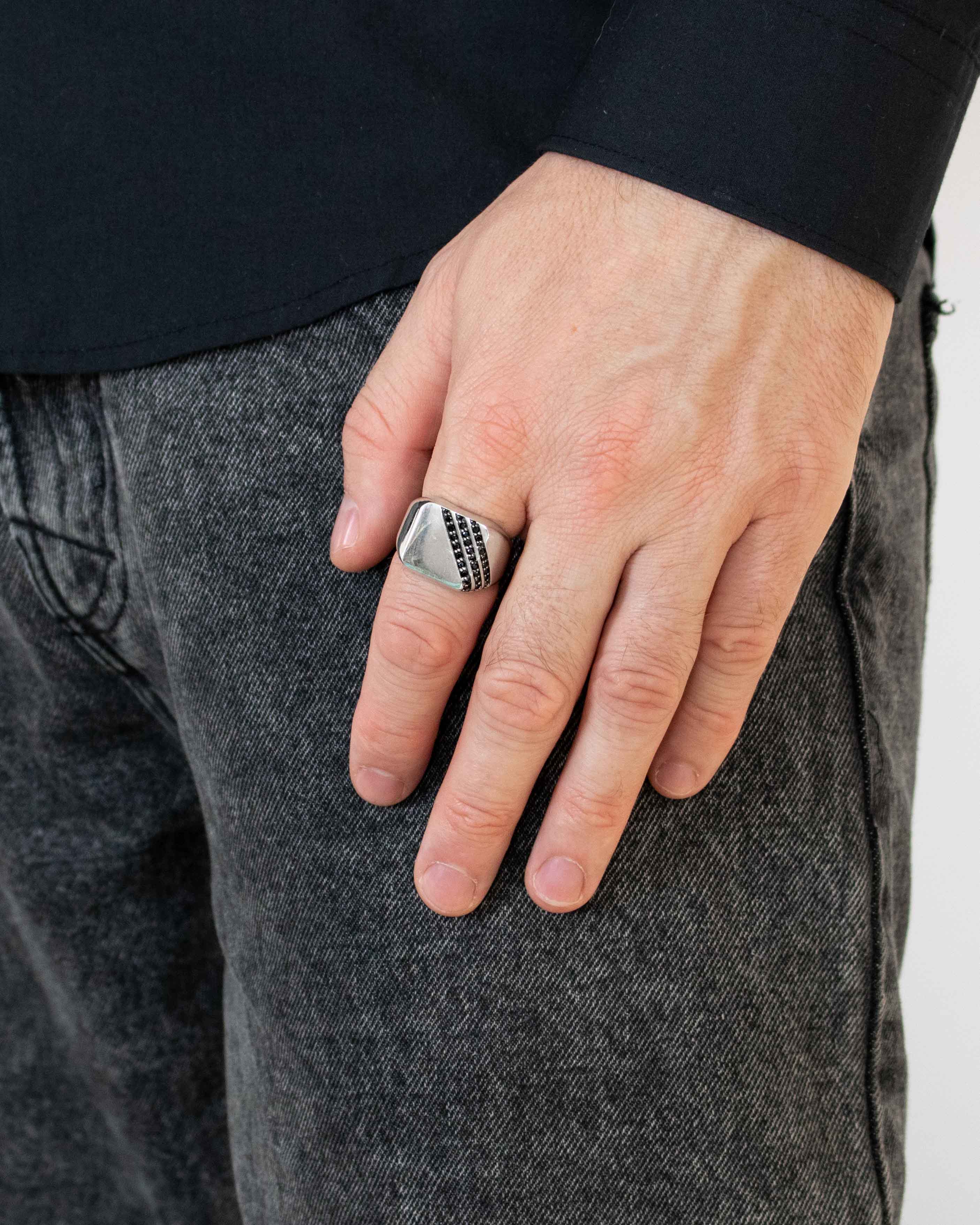 Cushion Signet Ring Diagonal Black Diamond CZ Channels