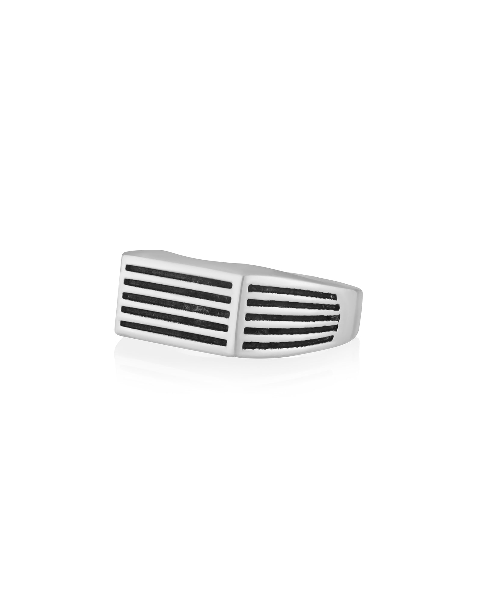 masculine silver rectangle signet ring with grooved design and oxidized texture inside. 
