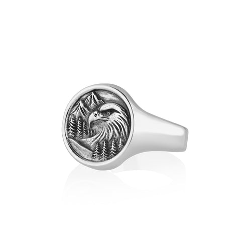 Mountain Eagle Ring Men's Silver Signet Round Shape