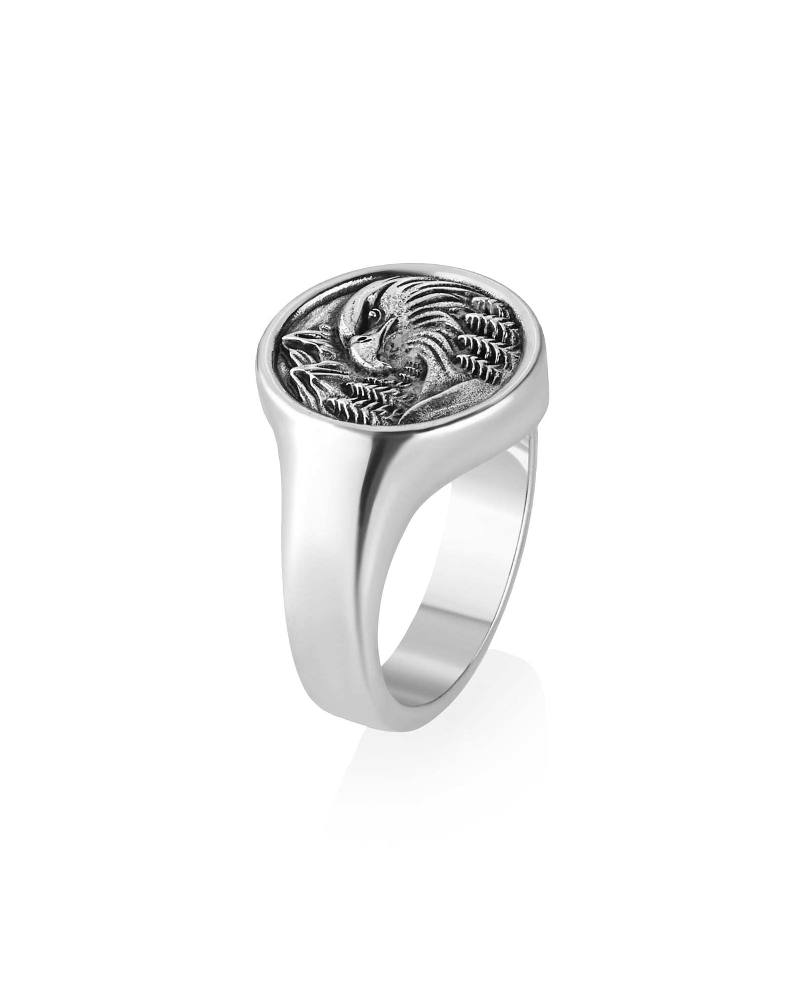 Mountain Eagle Ring Men's Silver Signet Round Shape