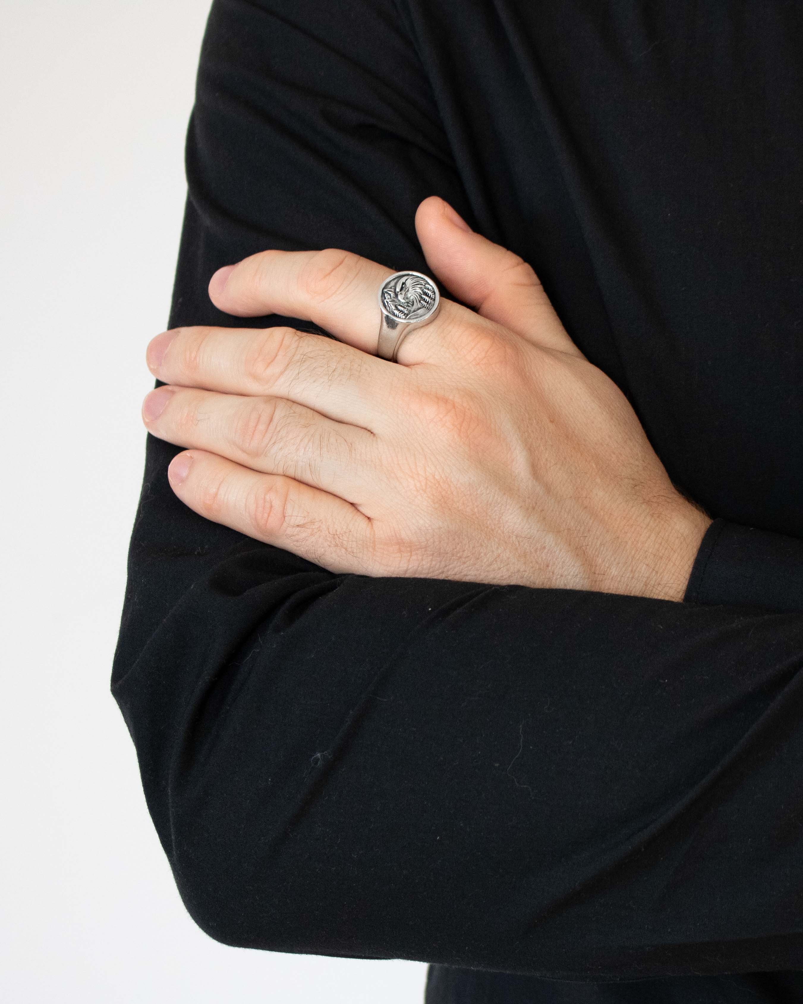 Mountain Eagle Ring Men's Silver Signet Round Shape