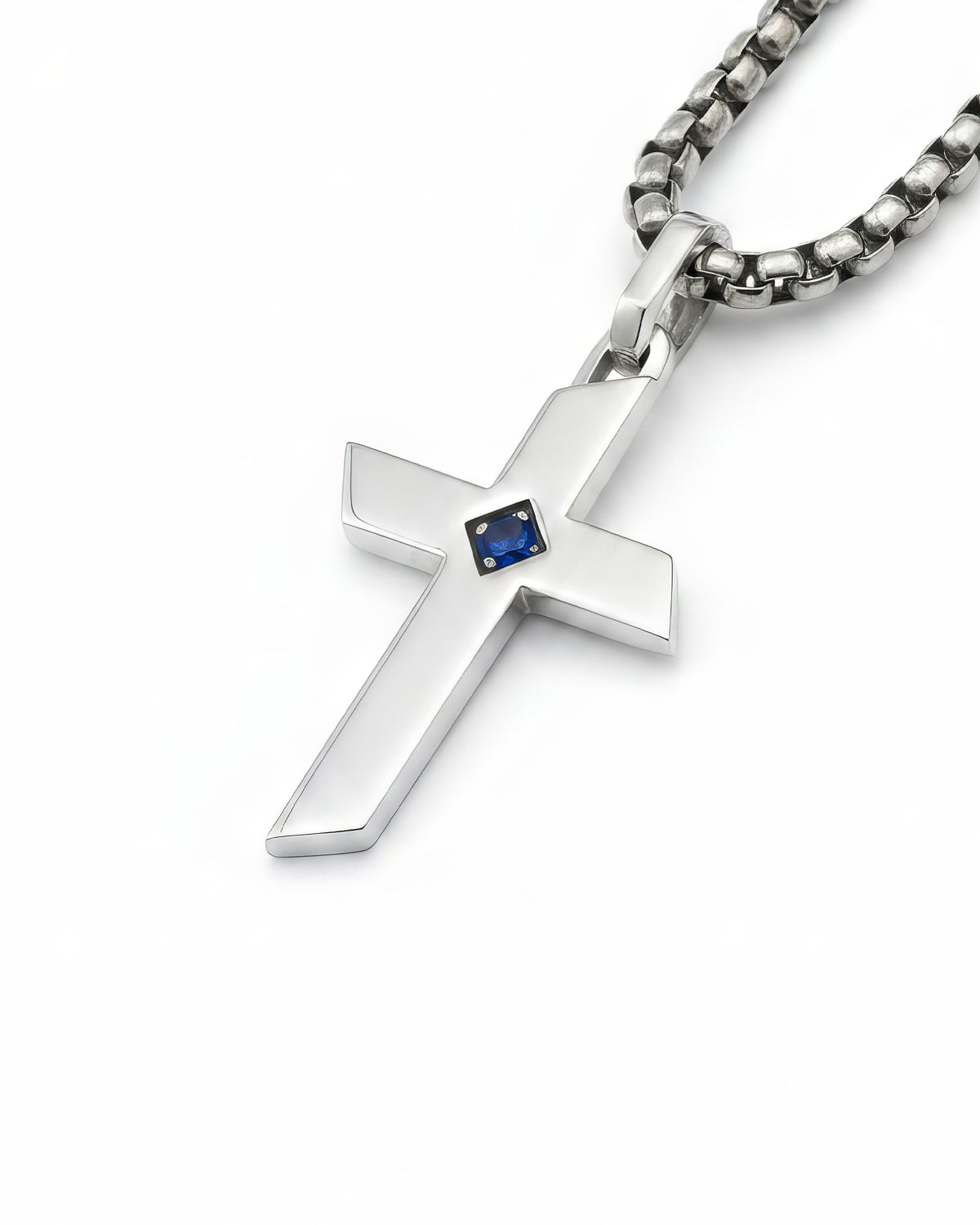 Sharp Edge Silver Cross Necklace with Blue Sapphire CZ