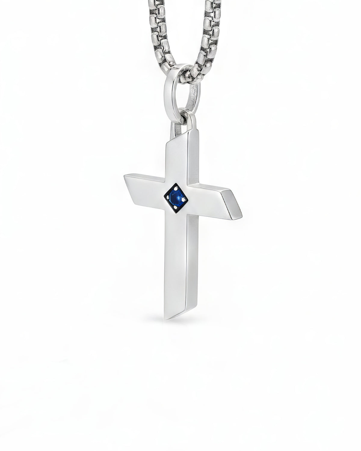 Sharp Edge Silver Cross Necklace with Blue Sapphire CZ