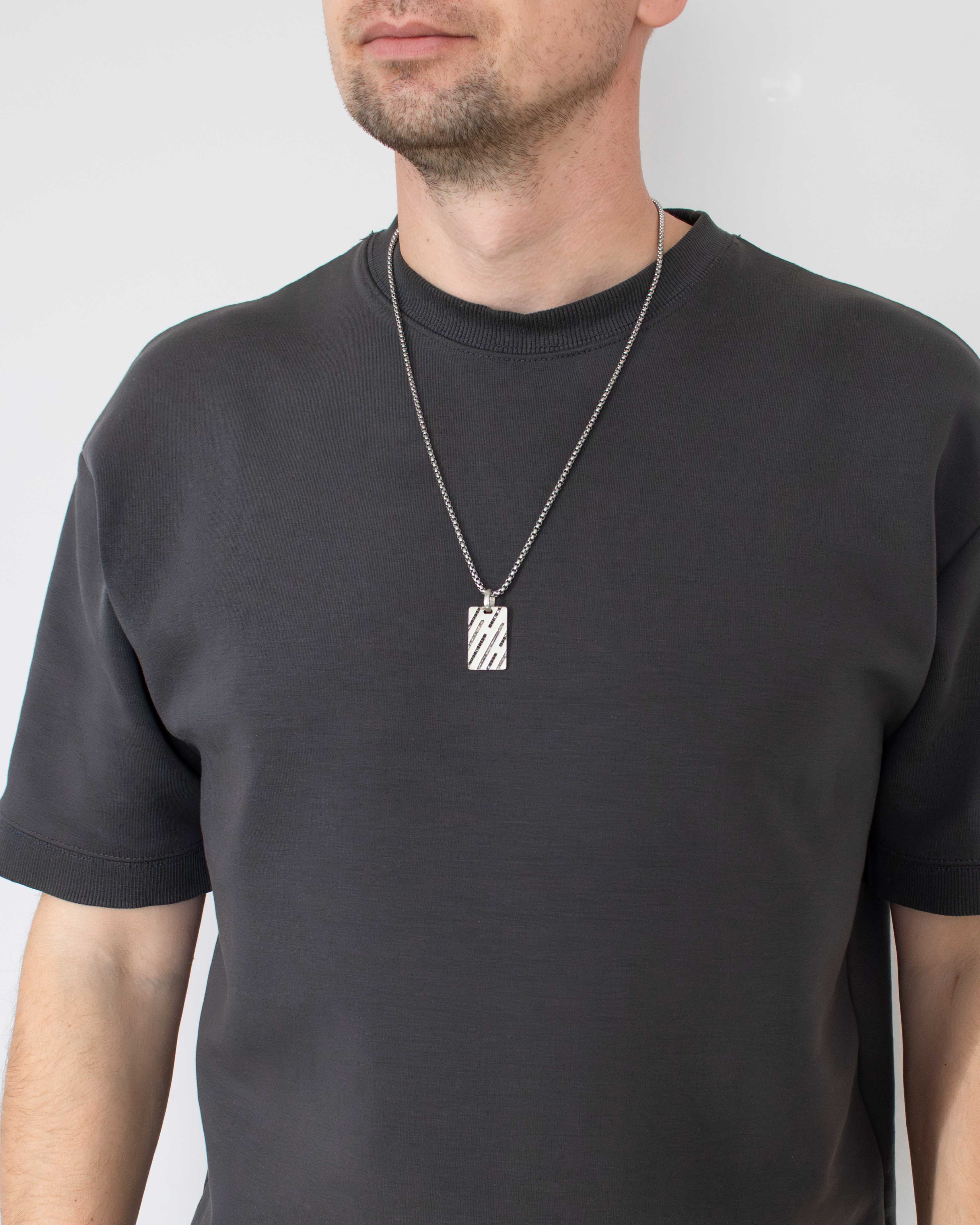 Mens Silver Dog Tag Pendant with Black Crystals and Stripes