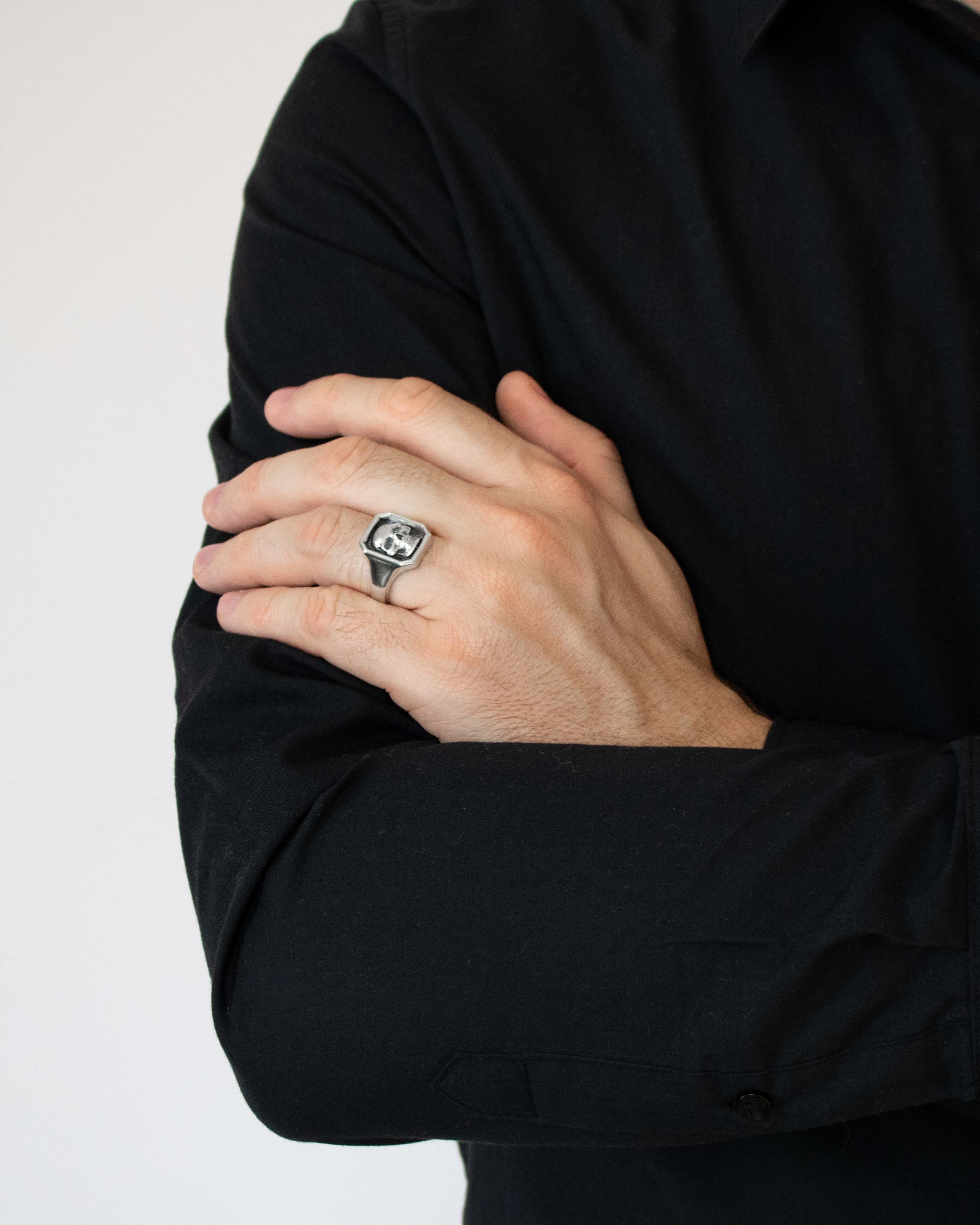 Gothic Signet Ring with Cranium Octagon Shape Silver