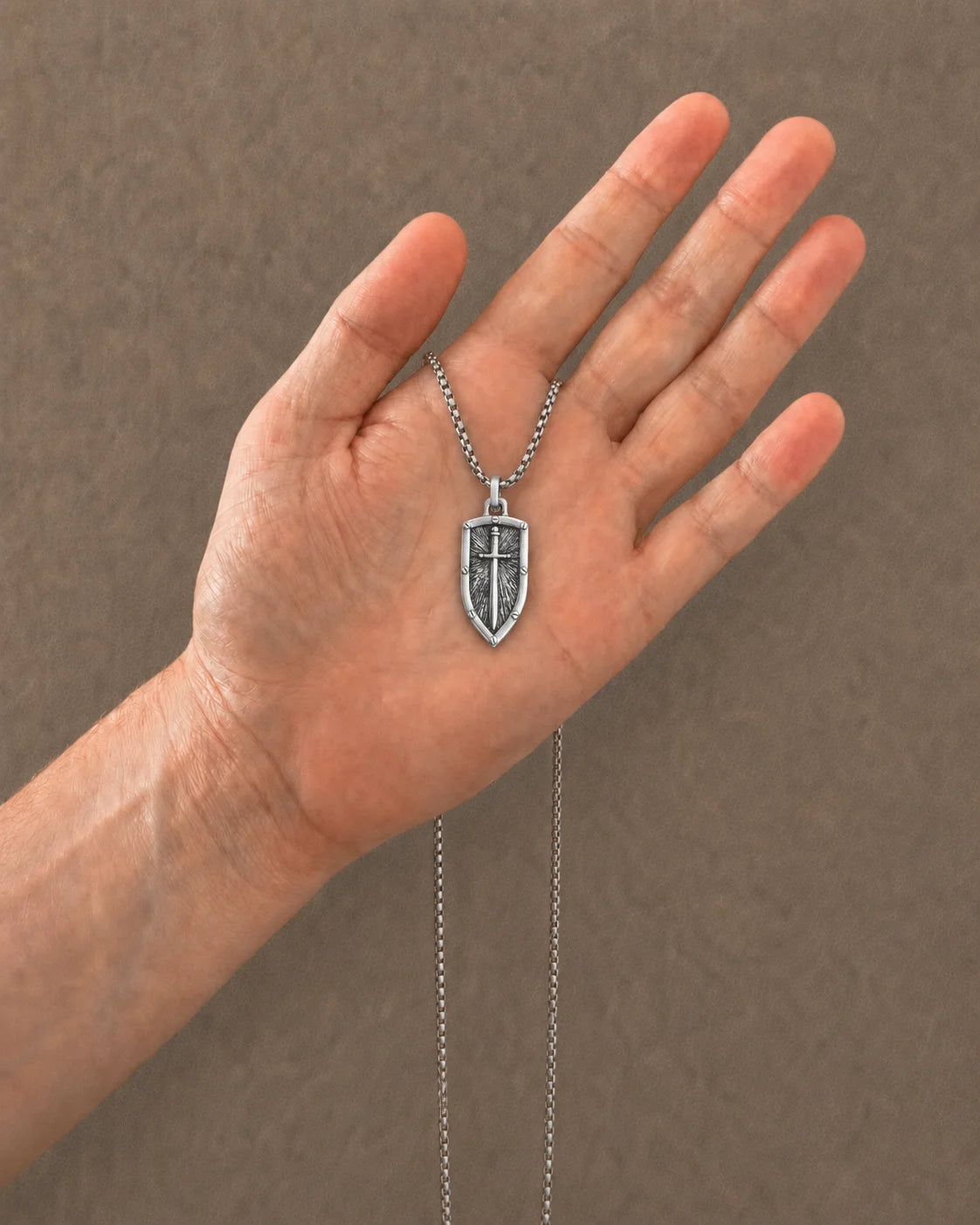 Shield & Sword Pendant Necklace Fine Silver
