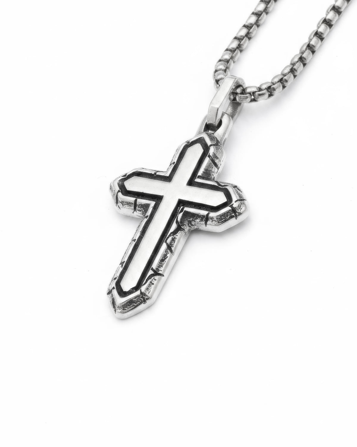 Layered Silver Cross Necklace with Textured Border