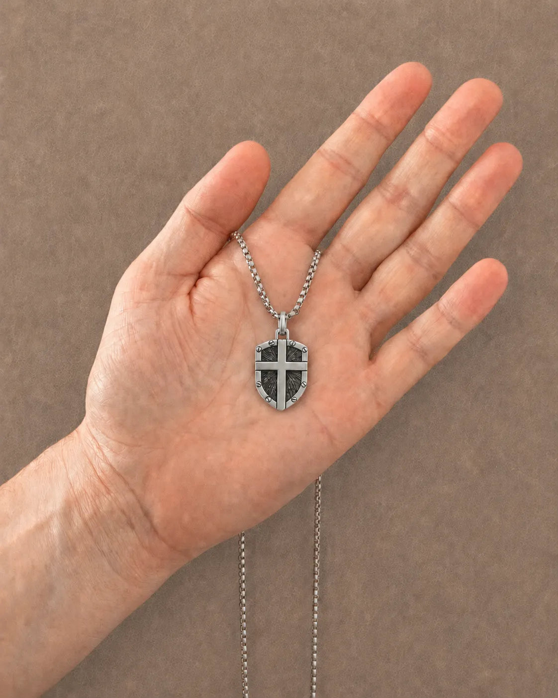 Shield Pendant Necklace with Cross Sterling Silver