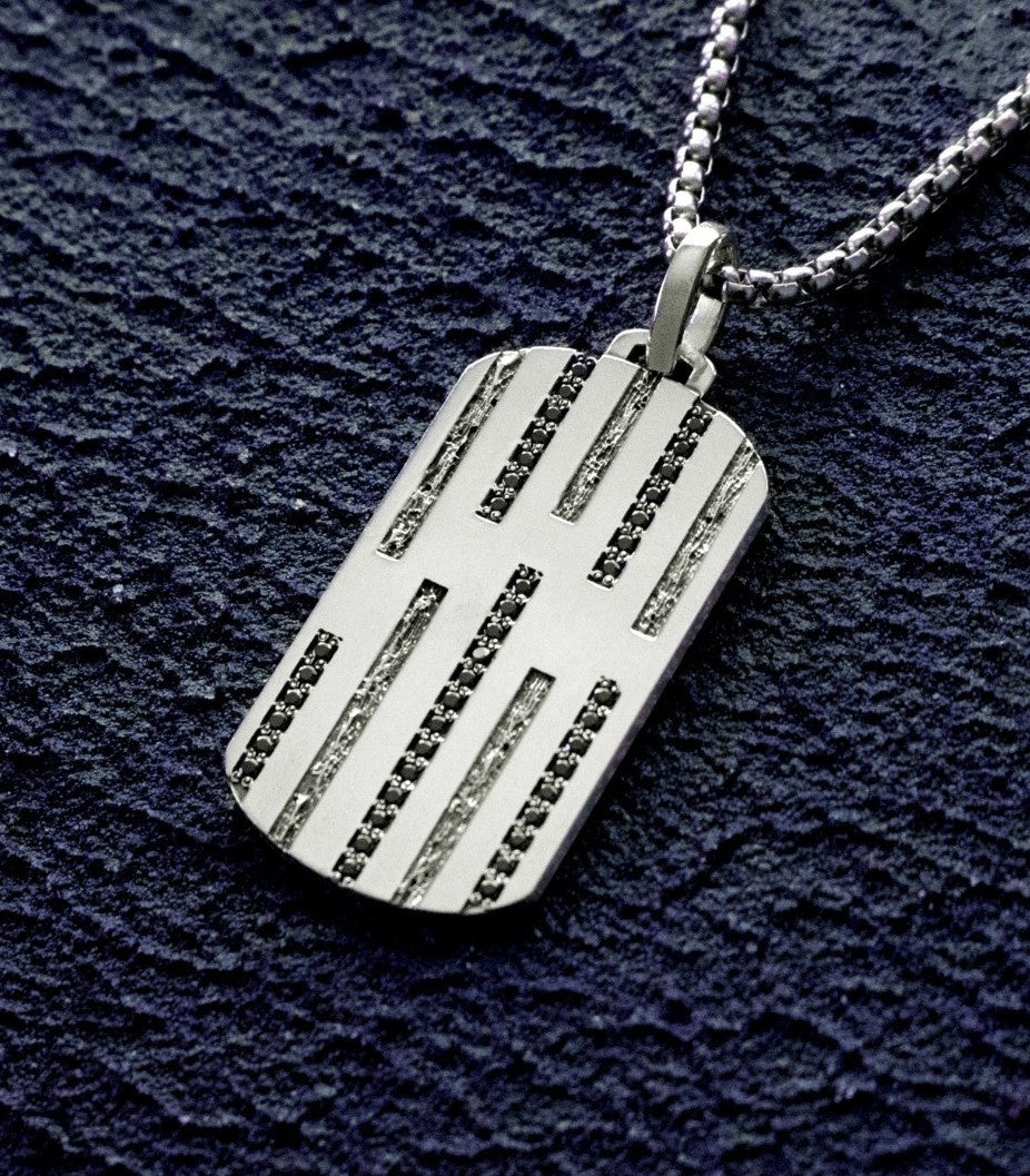 Everyday Silver Pendant Necklace Black Gems and Grooves