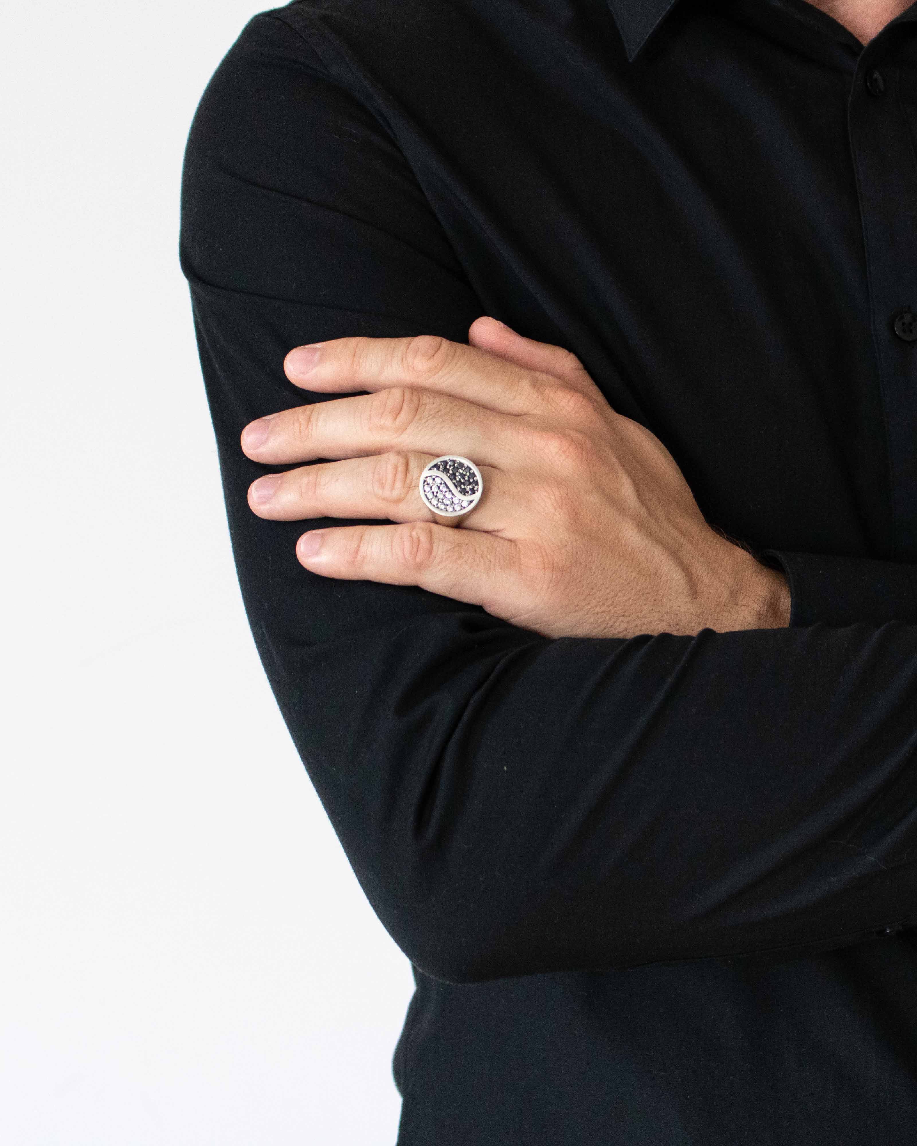 Yin Yang Black and White Round Signet Ring Silver