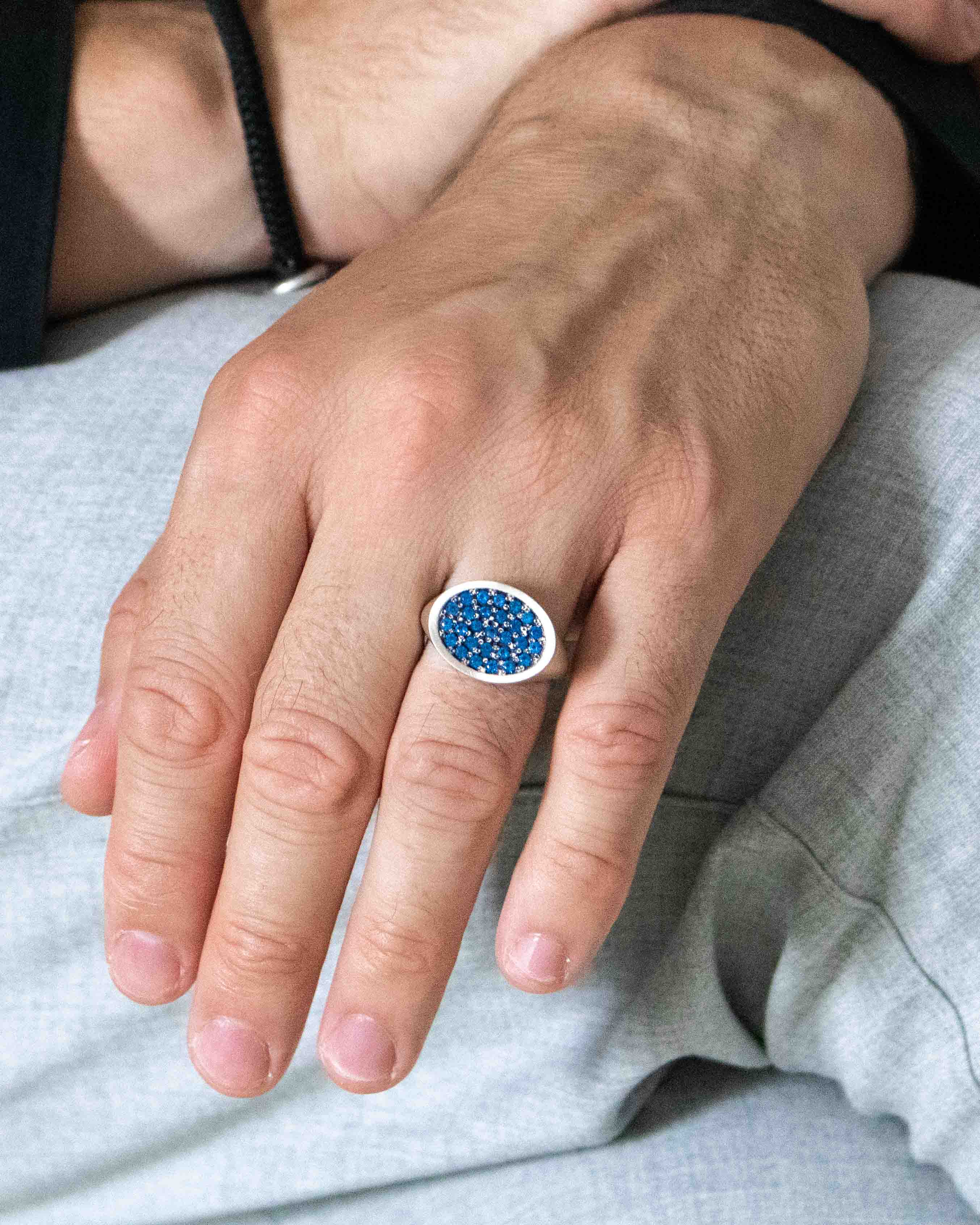 Silver Landscape Oval Signet Ring with Blue Stones