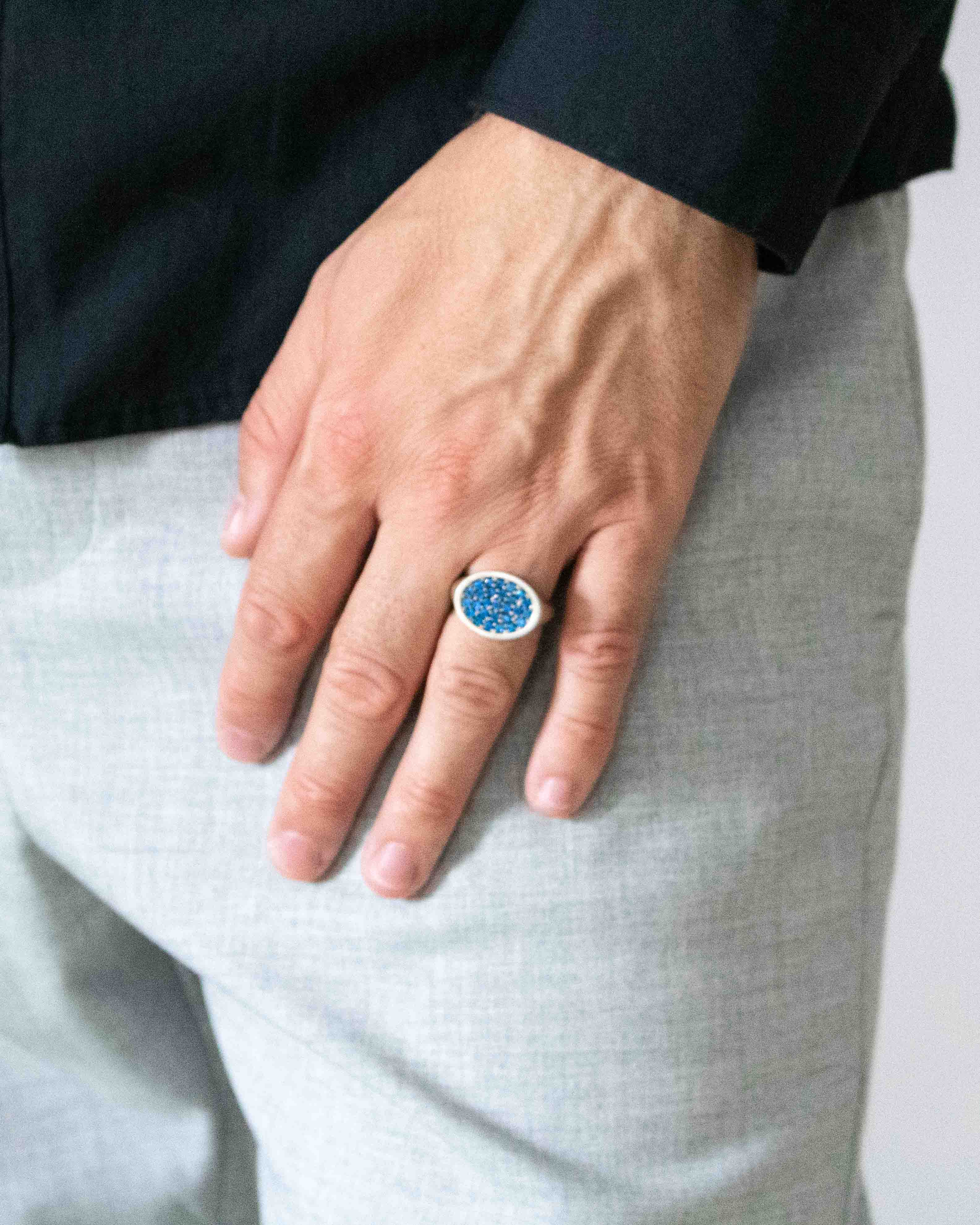 Silver Landscape Oval Signet Ring with Blue Stones