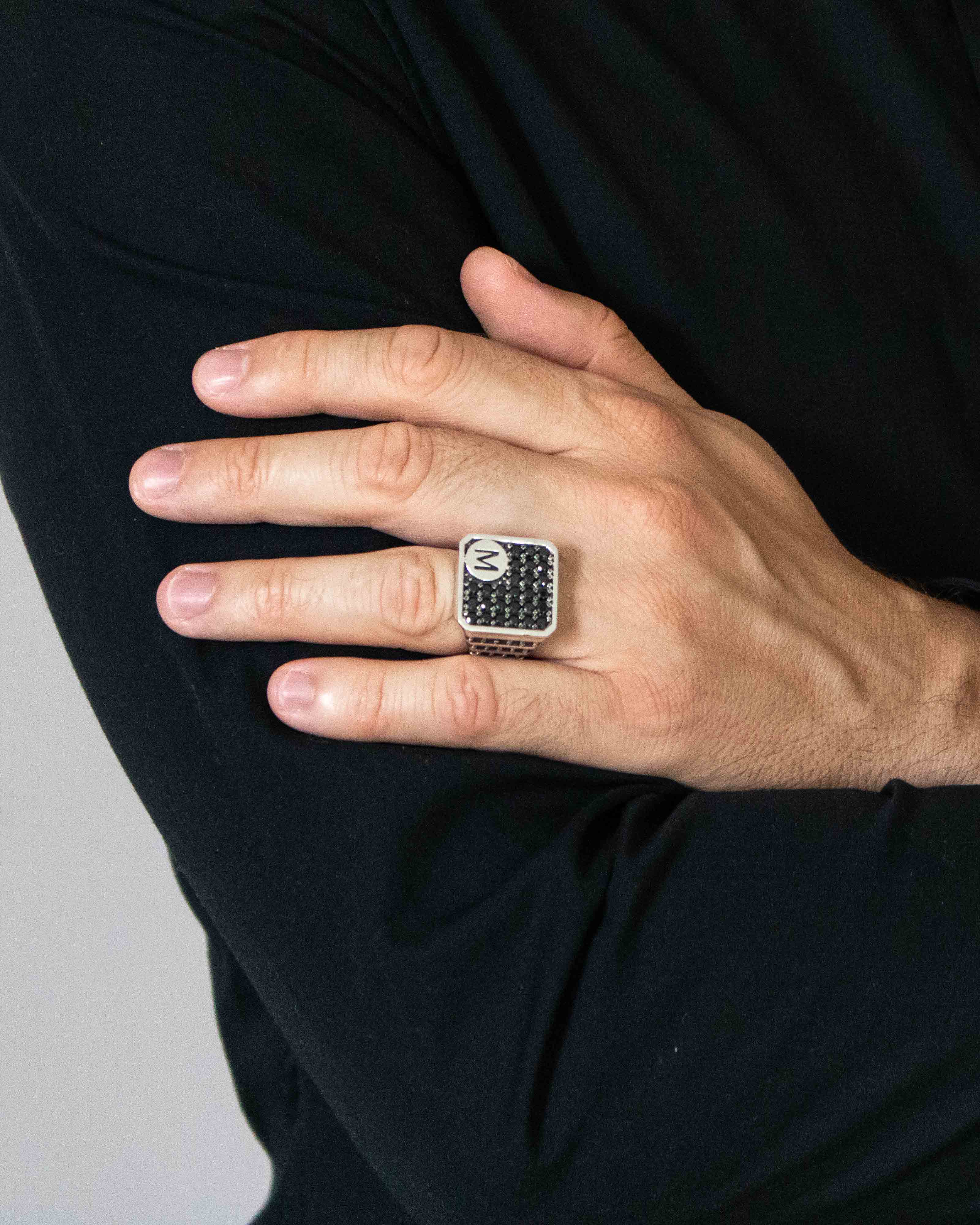 Chunky Silver Letter Signet Ring with Black Stones