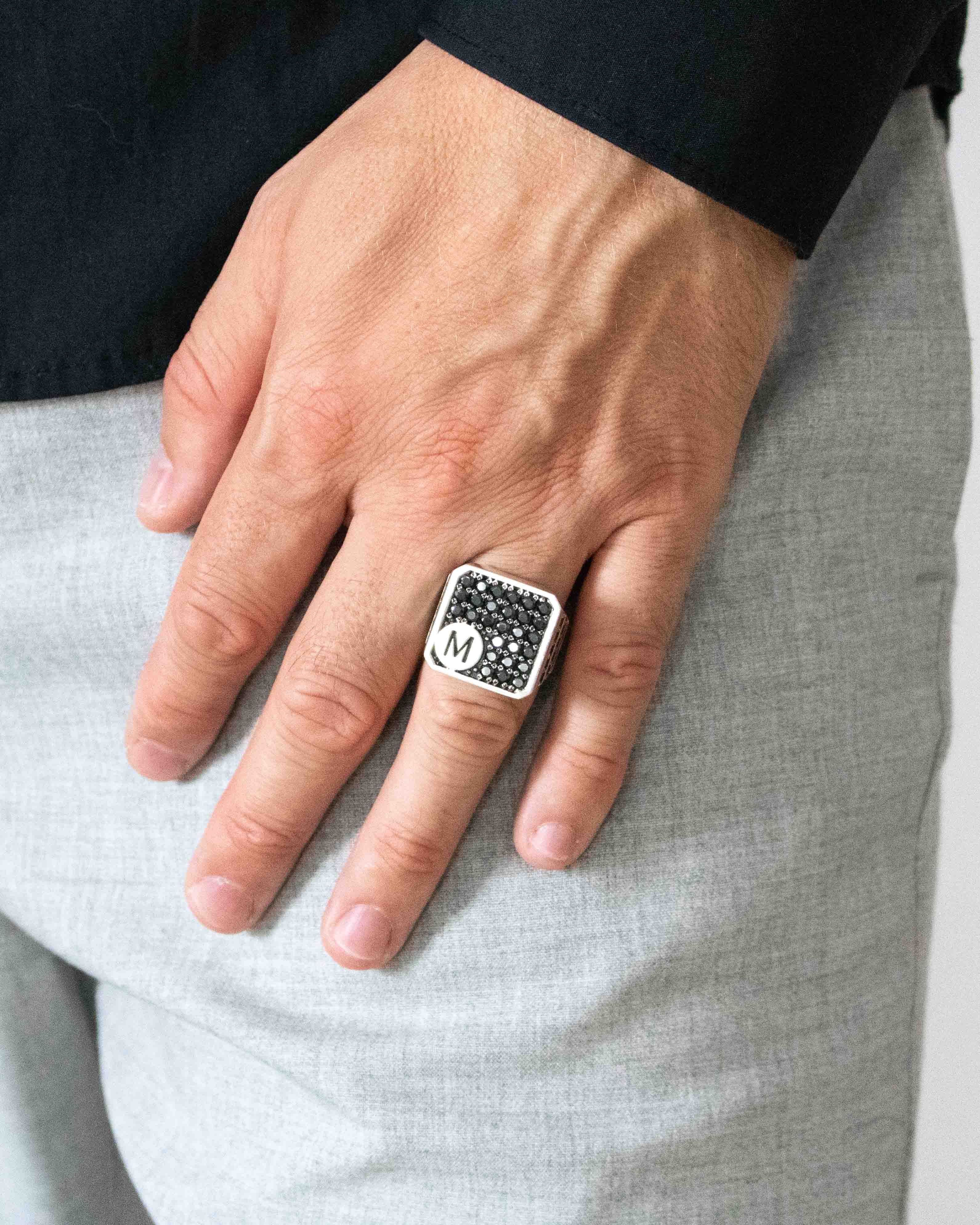 Chunky Silver Letter Signet Ring with Black Stones