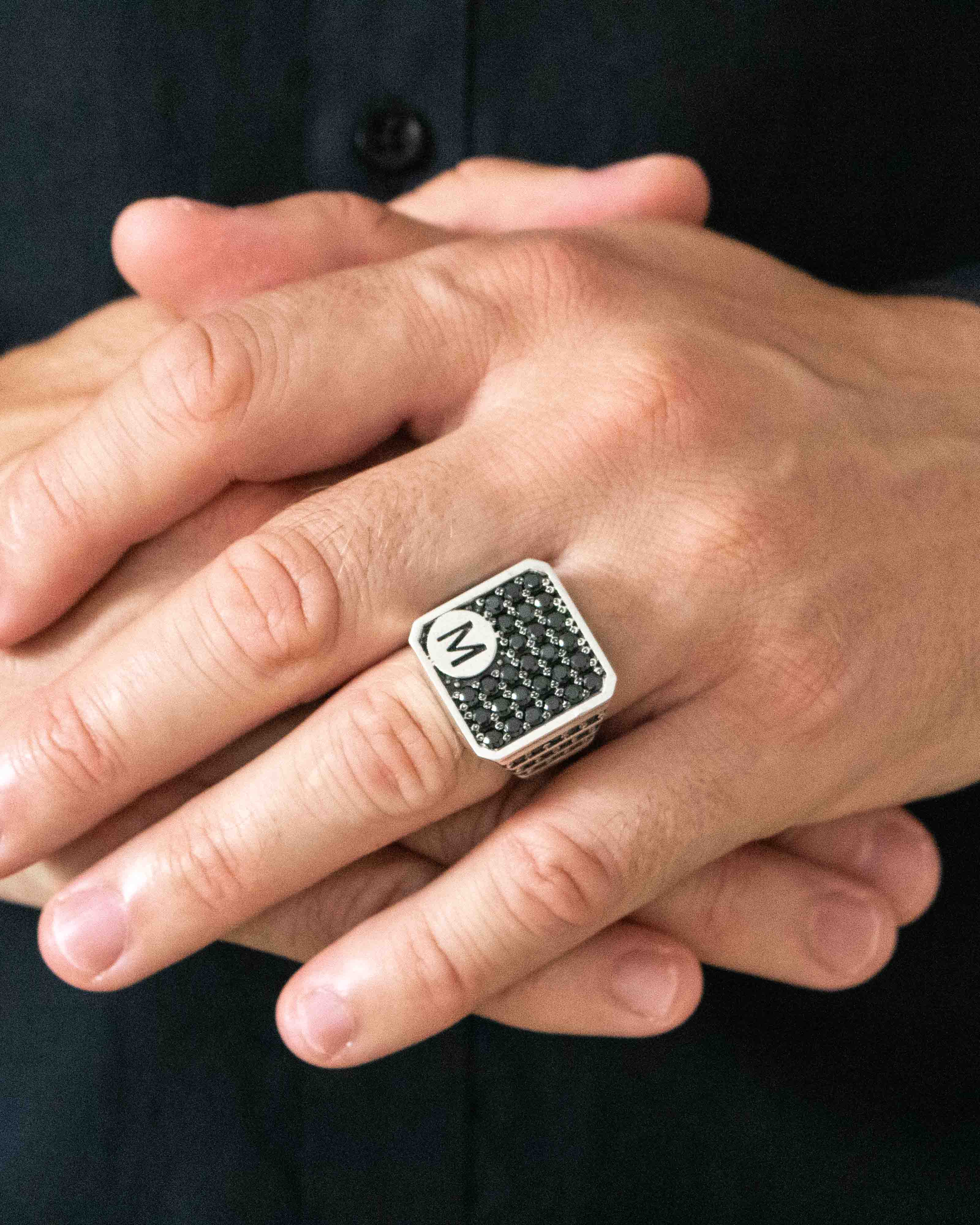 Chunky Silver Letter Signet Ring with Black Stones
